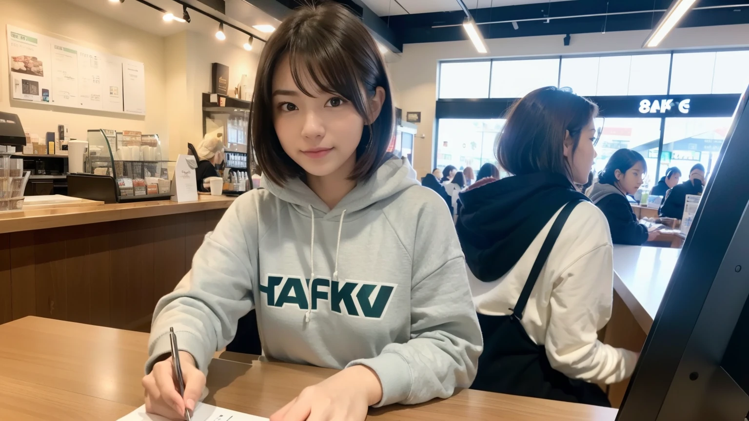 (8K, Raw photo, highest quality, masterpiece:1.2), (realistic, photo-realistic:1.4), (Highly detailed 8K wallpaper), perfect female body, famous japanese idol, 20 year old girl, japanese model, medium short hair, messy hair, light brown hair, hoodie,Starbucks, I can see other customers enjoying themselves too..。At the back of the cafe、Staff are busy working at the counter。