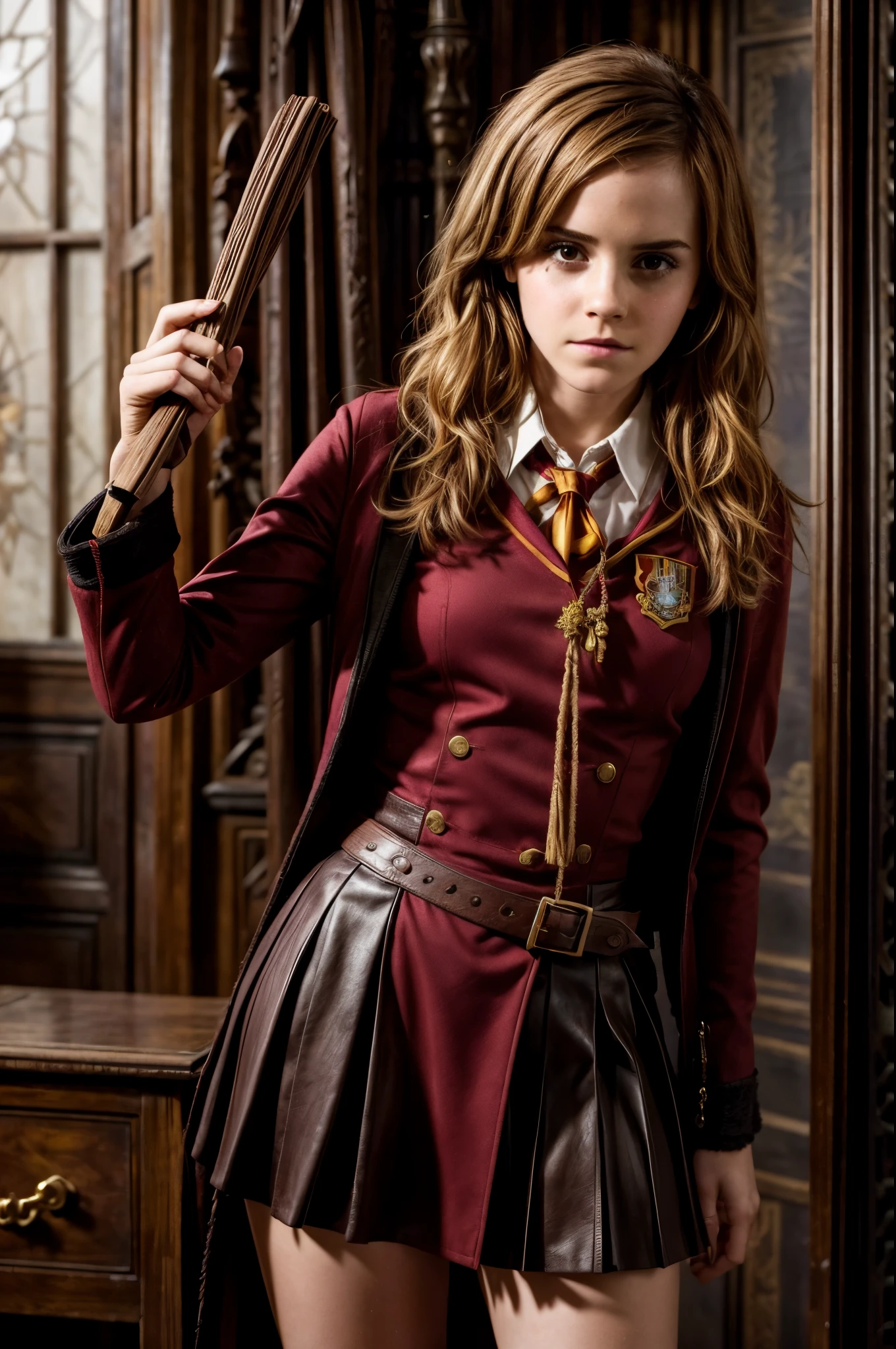 Emma watson, gryffindor uniform, holding bdsm flogger