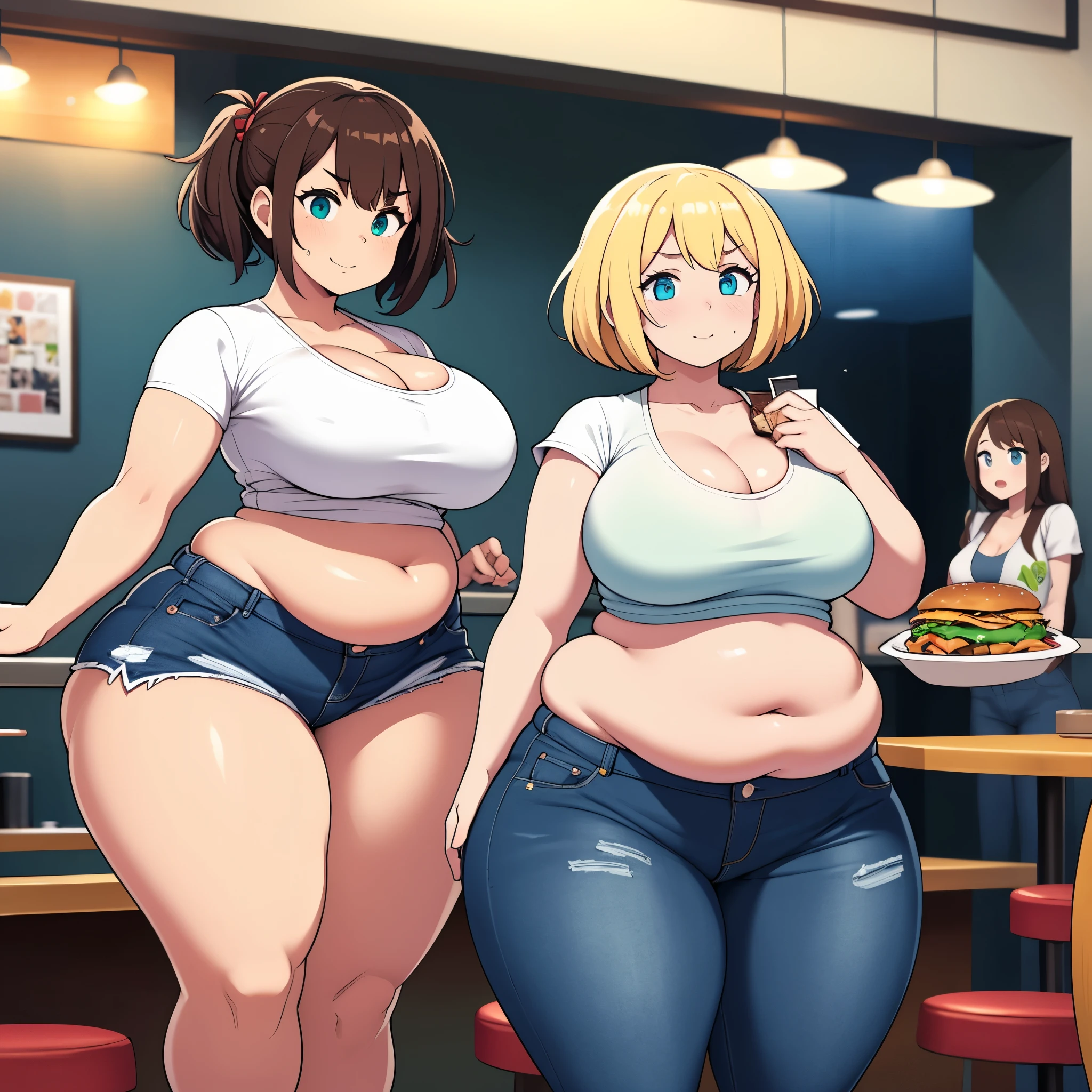 ((highres)), Masterpiece, high quality, best quality, beautiful, perfect lighting, detailed face, ultra cute face, ((2girls)), one girl has blonde hair, blue eyes, crop top and shorts, one girl has brown hair, green eyes, jeans, white shirt, tight clothes, fast food restaurant, medium breasts, cleavage, ((wide hips)), (thick thighs), ((chubby)), chubby belly, fat folds, she has a jiggly belly, standing, group photo, 