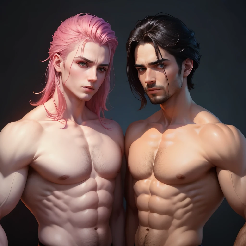 2 caras lindos, Sem camisa, corpo definido, cores vibrantes, namorados, 8k, ultra realistic, lindo  