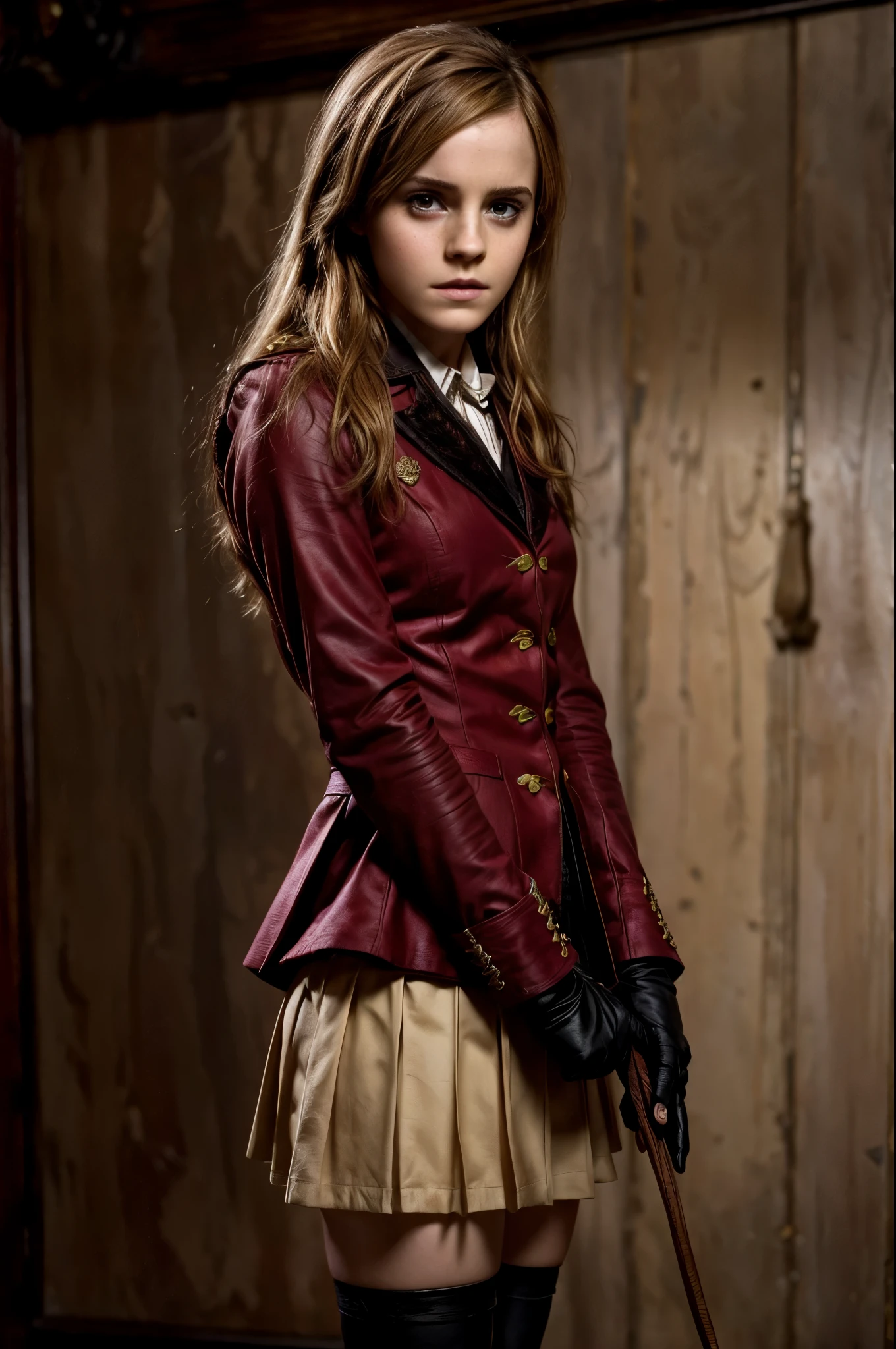 Emma watson, gryffindor uniform, holding bdsm flogger