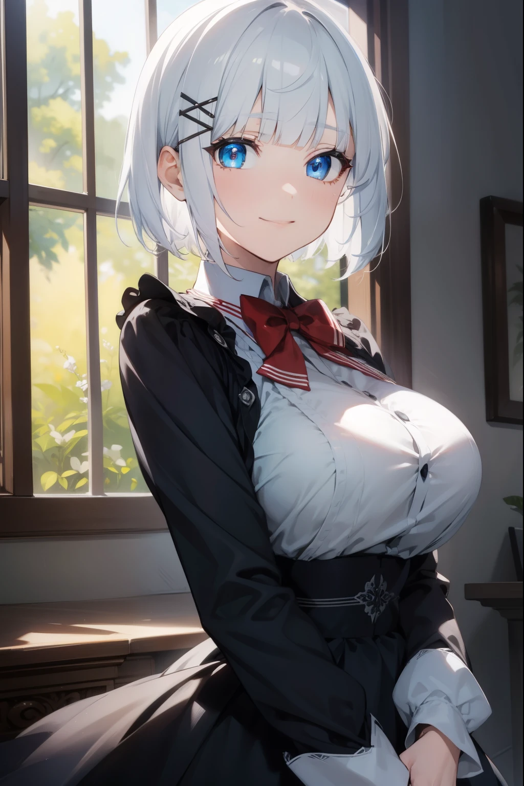 detectivesiesta, smile, short hair, bangs, blue eyes, shirt, hair ornament, long sleeves, dress, bow, white hair, hairclip, blunt bangs, bowtie, red bow, x hair ornament, red bowtie, siesta, (medium breast:1.2), BREAK looking at viewer, BREAK outside, BREAK (masterpiece:1.2), best quality, high resolution, unity 8k wallpaper, (illustration:0.8), (beautiful detailed eyes:1.6), extremely detailed face, perfect lighting, extremely detailed CG, (perfect hands, perfect anatomy),