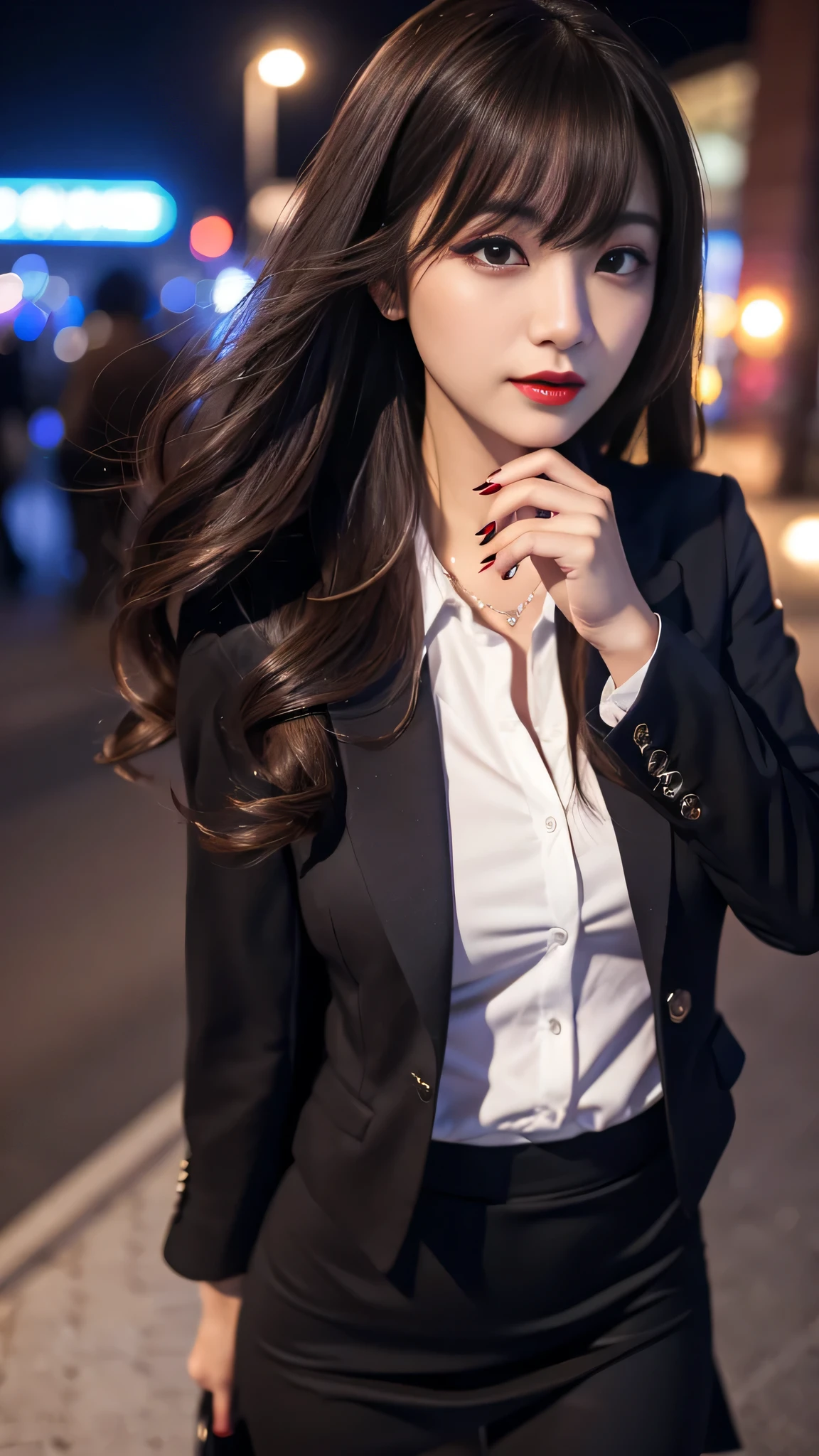 Super detailed、Japanese、charming beauty、seductive adult woman、Beautiful woman、sharp eyes、cool girl、wavy hair、flowing bangs、suit、Jacket、blouse、Tight Skirt、pantyhose、beautiful feet、evilの幹部、evil depravity、brainwashing、Mind control、lipstick、grin、evilな表情、evil、empty eyes、evil、church at night、vampire、Succubus、vampire、makeup brush