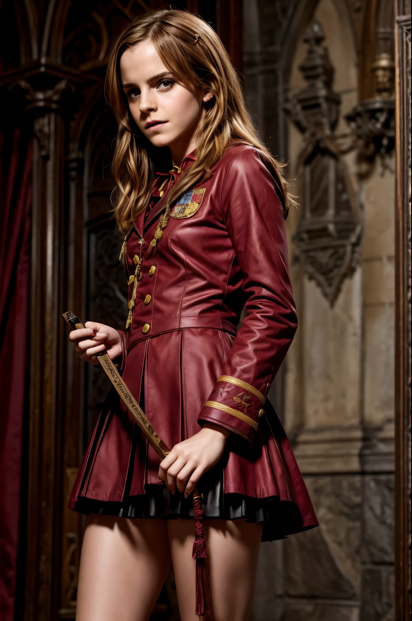 Emma watson, gryffindor uniform, holding bdsm flogger