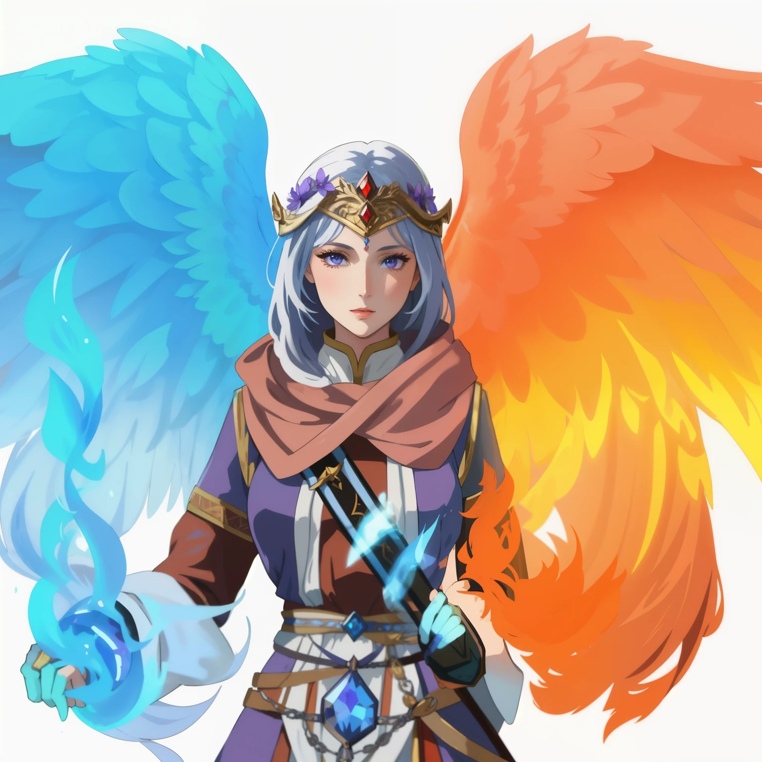 une femme avec une épée et un oiseau de feu à la main, mage de feu, personnage épique de fille mage, peint dans le style arcanique, Avatar de personnage RPG, robes de mage des nuages, Mage l’Ascension, personnage de style valkyrie, hyperdetailed fantasy character, aura de pouvoir. detailed, female mage, Appears as the goddess of fire, cotton robes de mage des nuages, Couleurs arcaniques, yeux violets, cheveux blancs