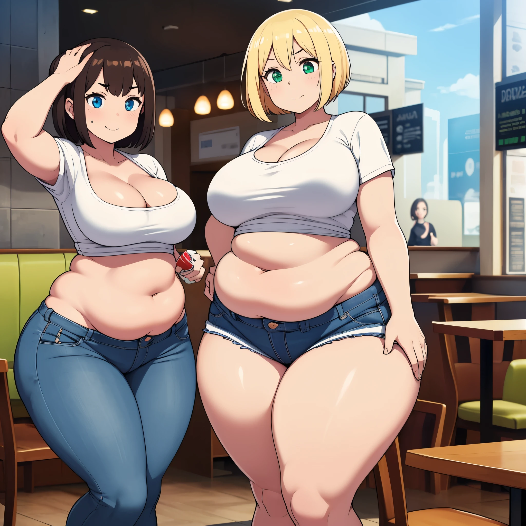 ((highres)), Masterpiece, high quality, best quality, beautiful, perfect lighting, detailed face, ultra cute face, ((2girls)), one girl has blonde hair, blue eyes, crop top and shorts, one girl has brown hair, green eyes, jeans, white shirt, tight clothes, fast food restaurant, medium breasts, cleavage, ((wide hips)), (thick thighs), ((chubby)), chubby belly, fat folds, she has a jiggly belly, standing, group photo,