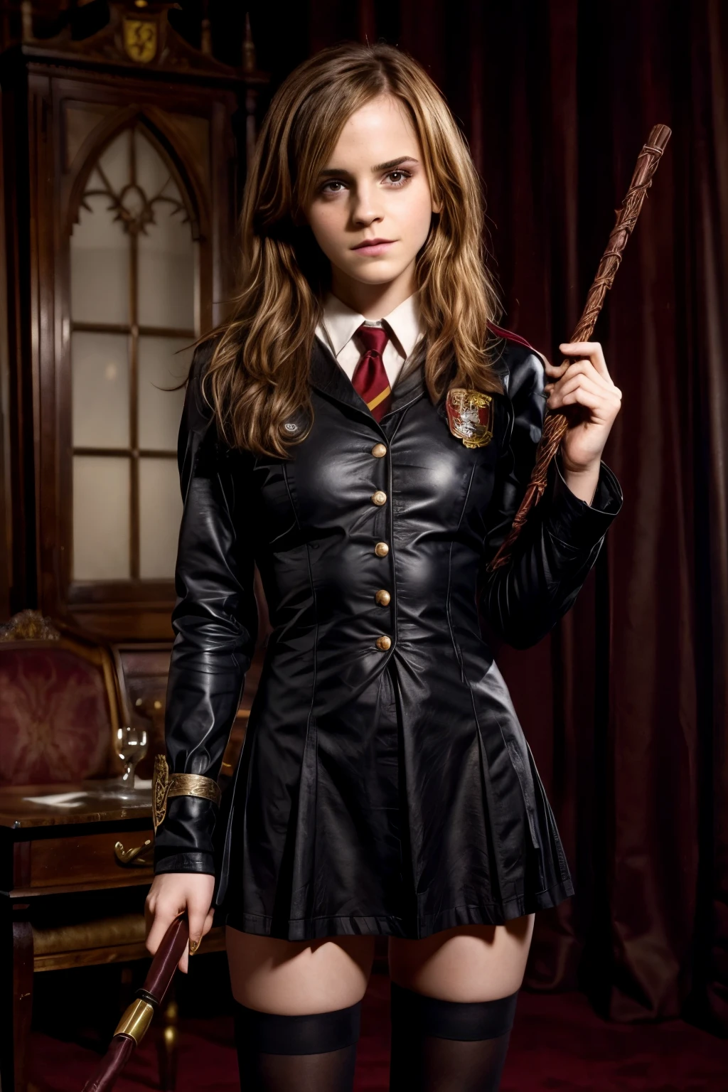 25 year old Emma watson, gryffindor uniform, holding bdsm flogger in right hand, night