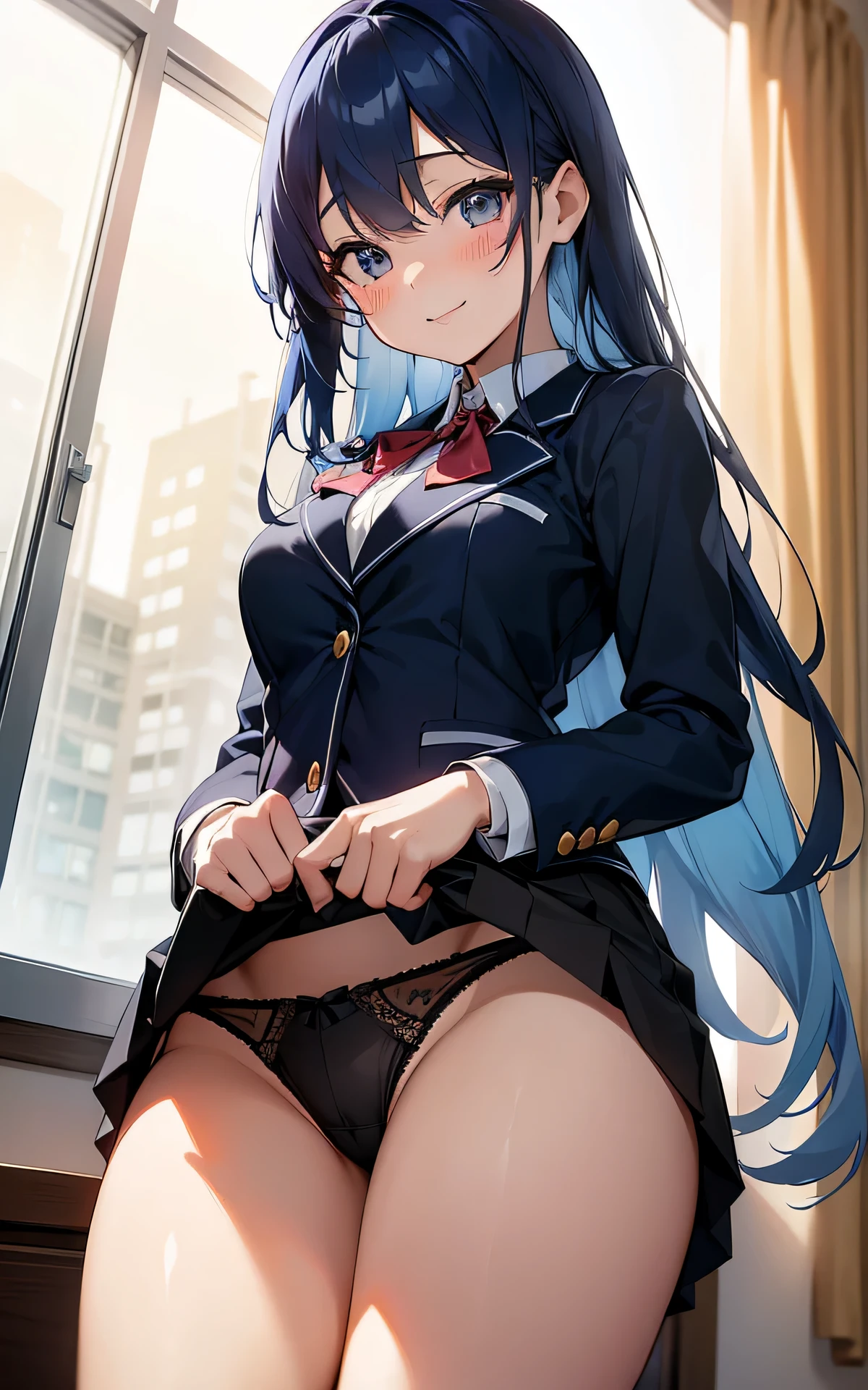 absurderes:1.8, ((From the thigh up:1.5, beautiful clear eyes, from below:1.6,)), ((school uniform, blazer、skirt lift by myself:1.5, showing panties, panties emphasis:1.6, blue hair, long hair))、(1woman), Unity 8K Wallpaper, Masterpiece, detailed hair, highly detailed, ( panties:1.4, school),, (light smile:1.4), (blush:1.3)