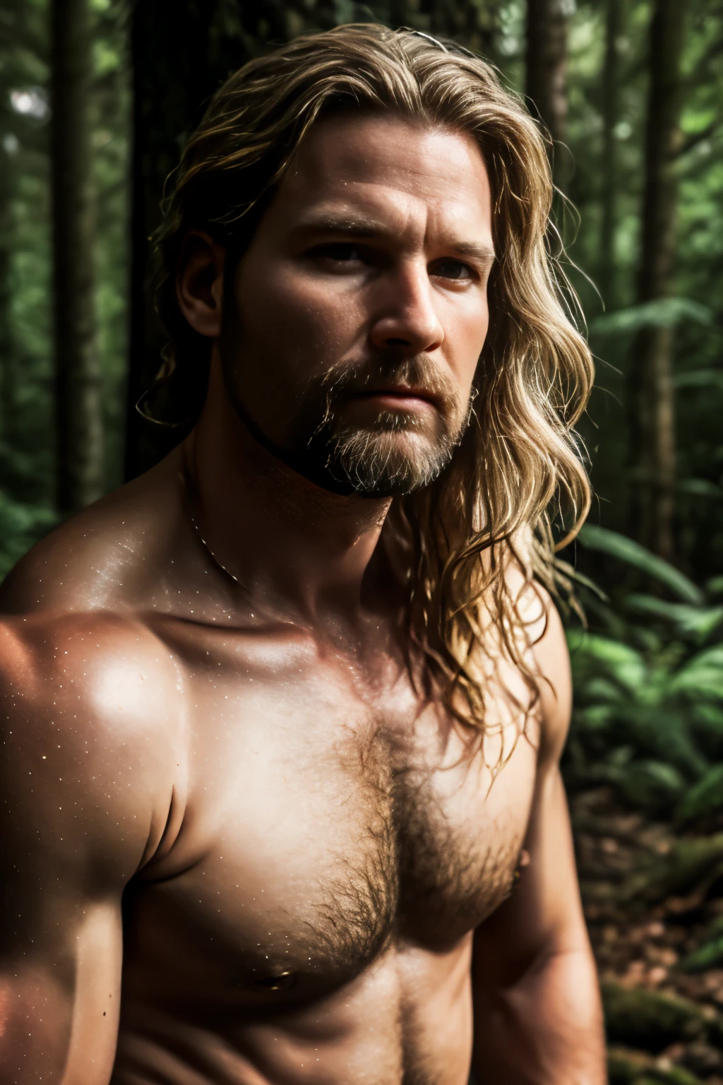 Norwegian man, 35 years old, chops wood, against the backdrop of a dense forest, long wavy blonde hair tied up, sweaty, focused, high quality photography, beautiful, masterpiece