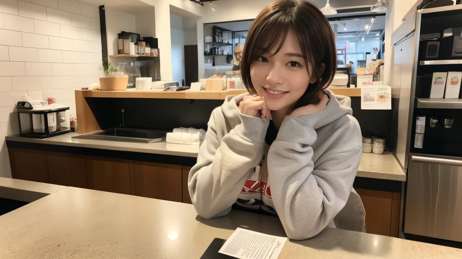 (8K, Raw photo, highest quality, masterpiece:1.2), (realistic, photo-realistic:1.4), (Highly detailed 8K wallpaper), perfect female body, famous japanese idol, 20 year old girl, japanese model, medium short hair, messy hair, light brown hair, hoodie,inside a stylish cafe, I can see other customers enjoying themselves too..。At the back of the cafe、Staff are busy working at the counter。