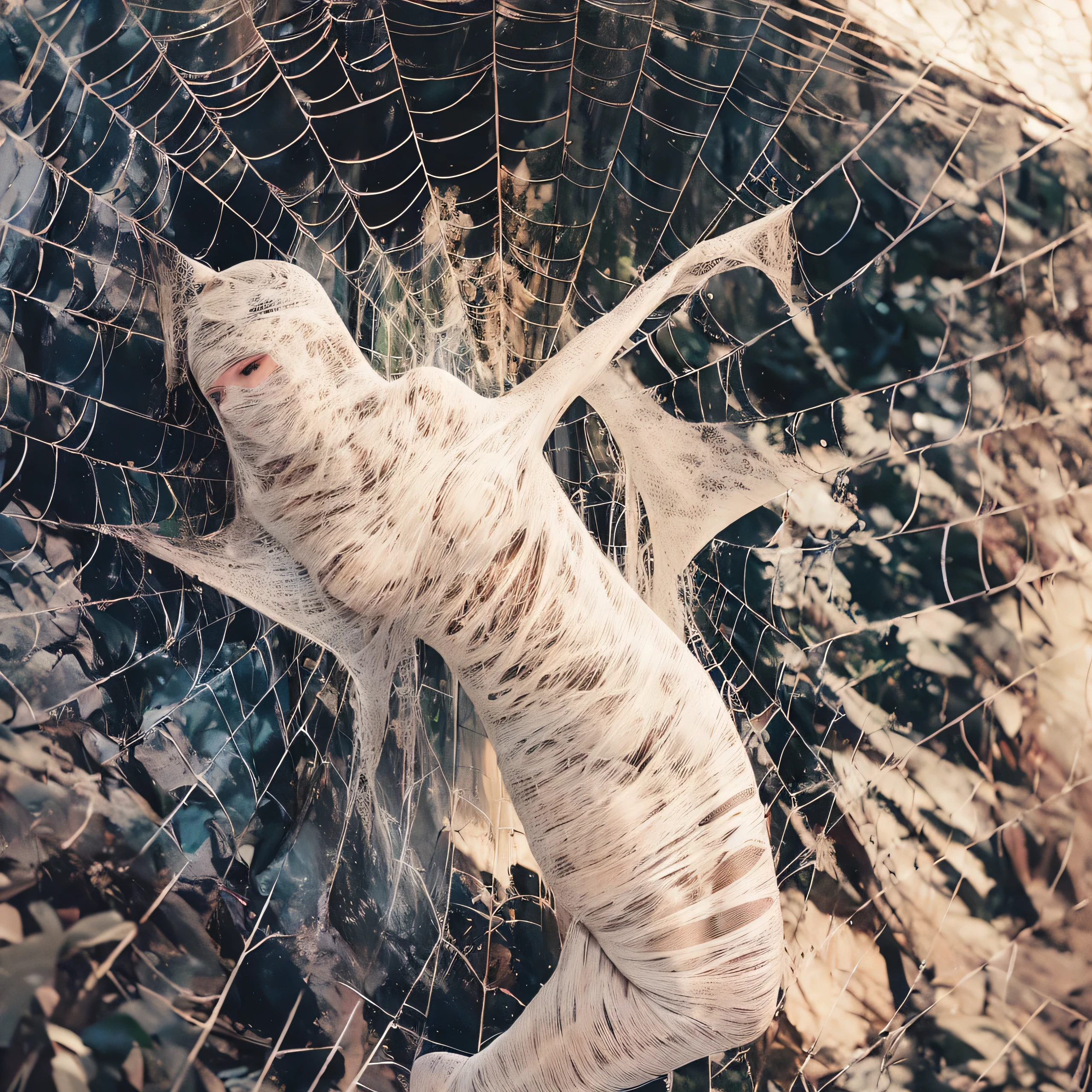 a girl entangled in the spider web, struggle, detailed classroom, (cocoon:1.3), spider web, hanging, spider in the web, spider