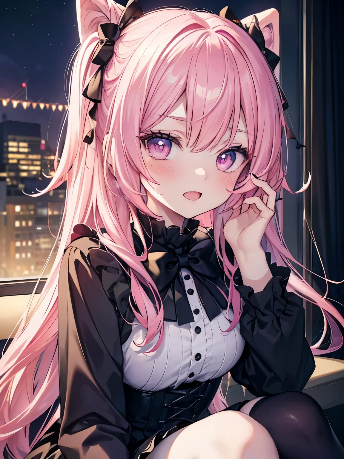 masutepiece, Highest Quality, (Perfect face:1.1), (high detailing:1.1), (ultradetailed eyes), Dramatic, superfine illustration, Extremely detailed,1girl in, teenager,(pale skin), Happy, Laugh, Enjoy,Open mouth,gloweyes,pinkhair,(halfup),Ethereal eyes, pink eye,blush, Solo,Pouty lips,Cinematic lighting, upper body,looking up, leaning forward,Long sleeve, Gothic lolita, frilld, bow ribbon,knee high socks,indoor,(night)