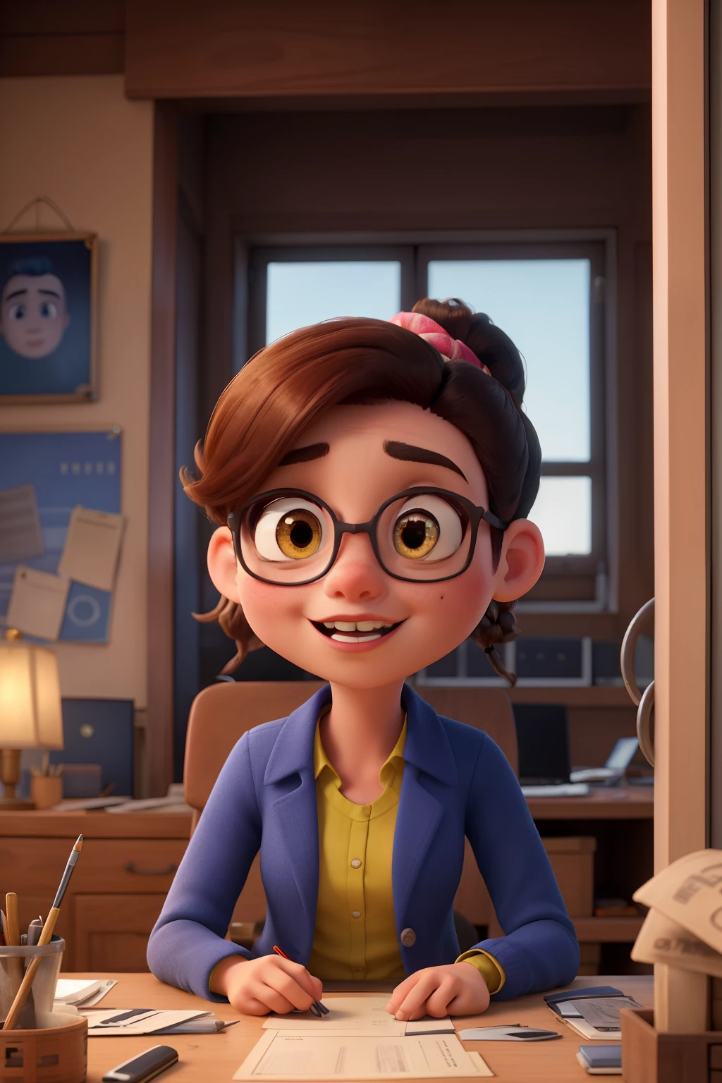((Melhor qualidade)), ((obra de arte)), (detalhado),
Um avatar de corpo inteiro inspirado na Disney e Pixar, com um rosto expressivo e sardas, olhos pequenos, e cabelos grandes e pretos preso com scrunchie, trabalhando em uma oficina encantadora onde modernidade e vintage se encontram, cercado por tecidos rosa e branco, demonstrating passion for creation.