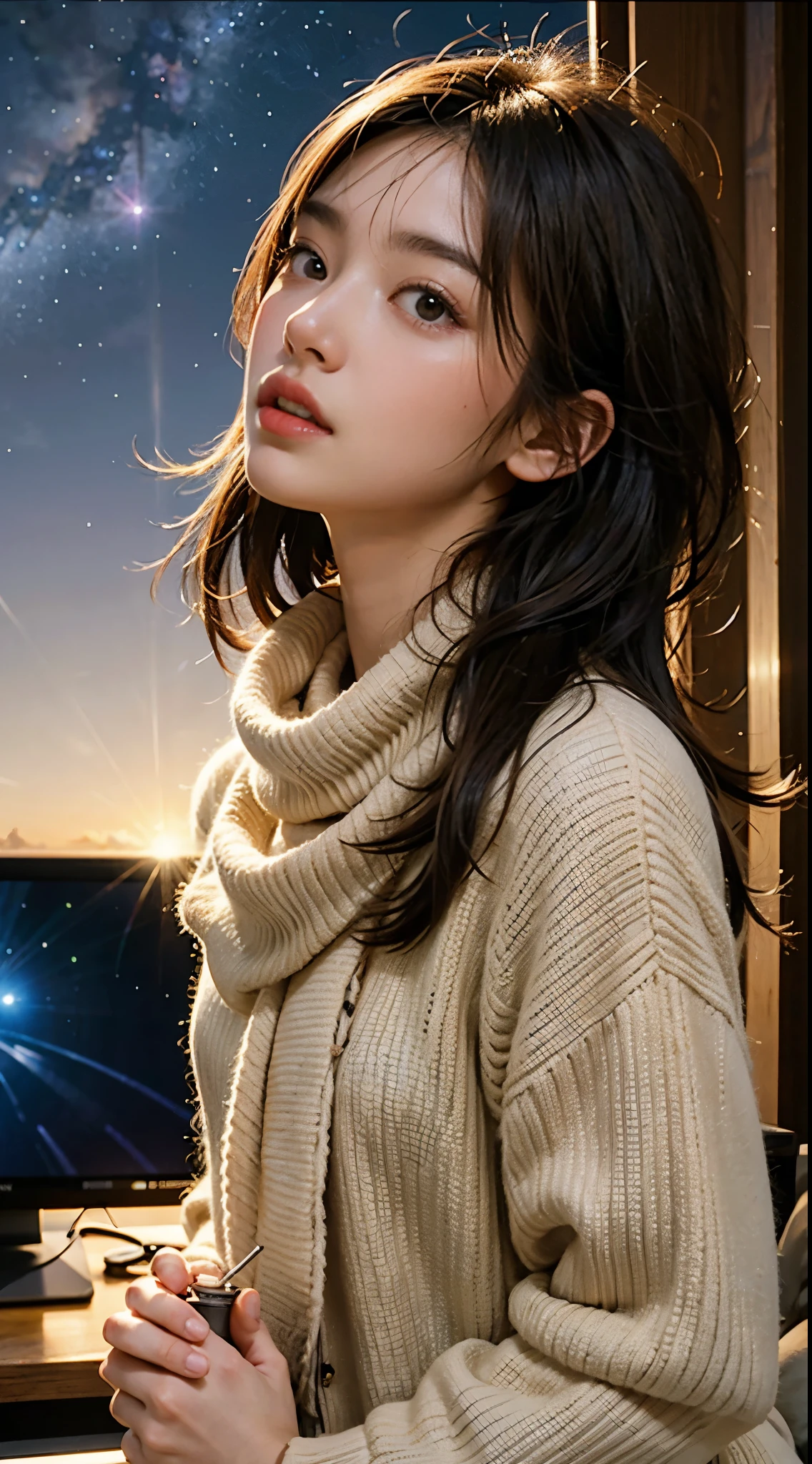 （artificial look：1.5), stand in a flower field, (look up at the stars: 1.2), firefly, the scarf is floating, sony master shot, Woman taking a photo in front of the TV, Inspired by Pei Dan Asahi, brown hair and bangs, high resolution screenshot, Nico Nico Douga, normal hand, Bright colors, Limur Tempest full face shot, studio lighting, VHS screenshot, beautiful detailed expression