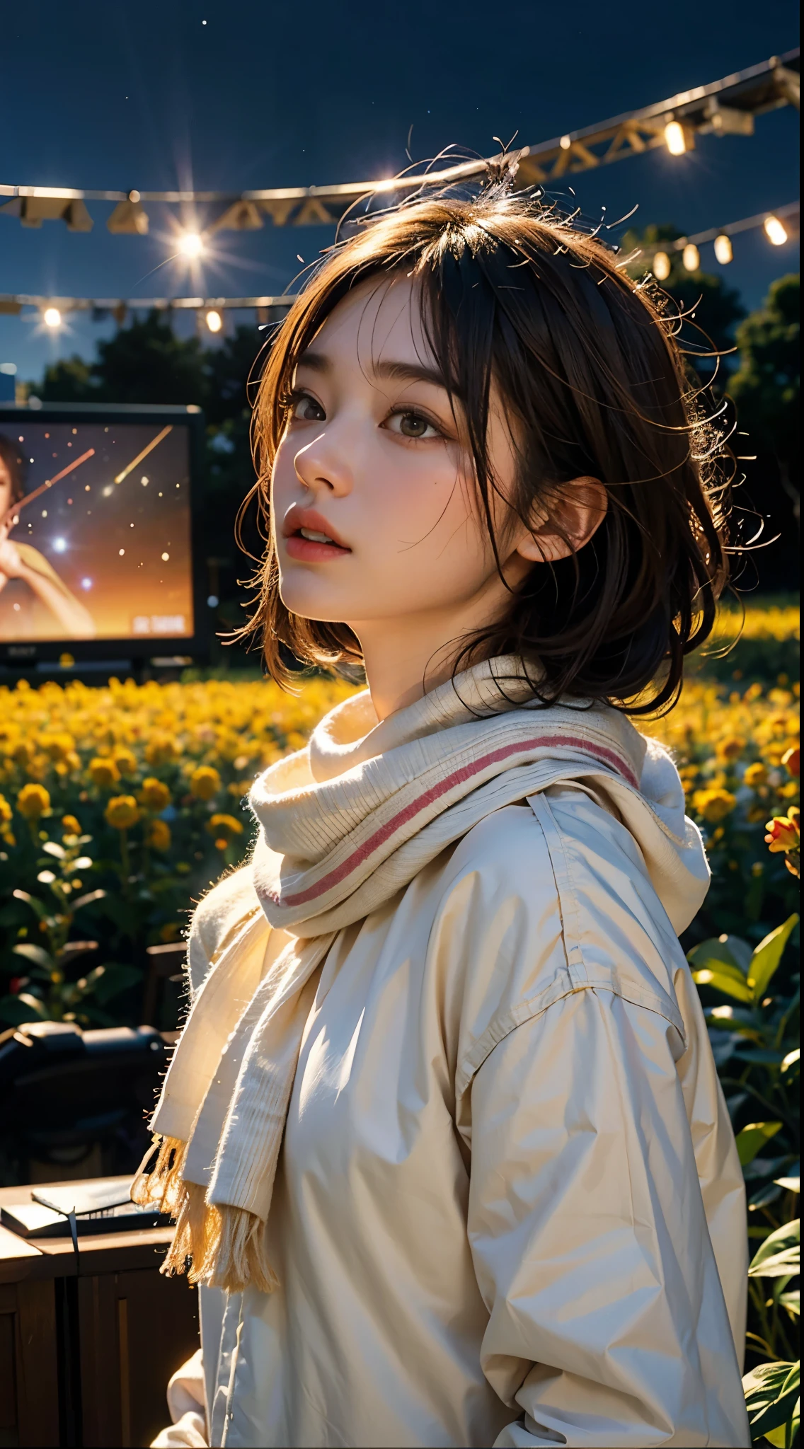 (artificial look:1.5), stand in a flower field, (look up at the stars: 1.2), firefly, the scarf is floating, sony master shot, Woman taking a photo in front of the TV, Inspired by Pei Dan Asahi, brown hair and bangs, high resolution screenshot, Nico Nico Douga, normal hand, Bright colors, Limur Tempest full face shot, studio lighting, VHS screenshot, beautiful detailed expression