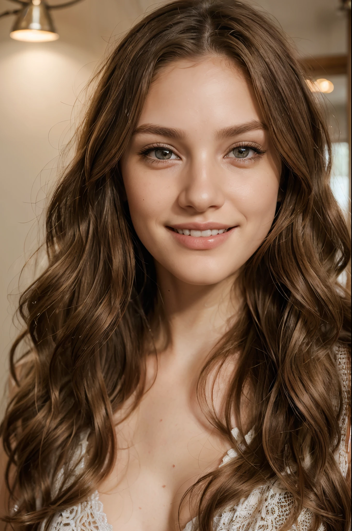 (best quality,realistic:1.2),portrait,detailed eyes,detailed lips,wavy long hair,light hazel hair color,realistic hazel eyes,medium body,friendly smile,ultra-detailed,photo,lighting,neutral colors