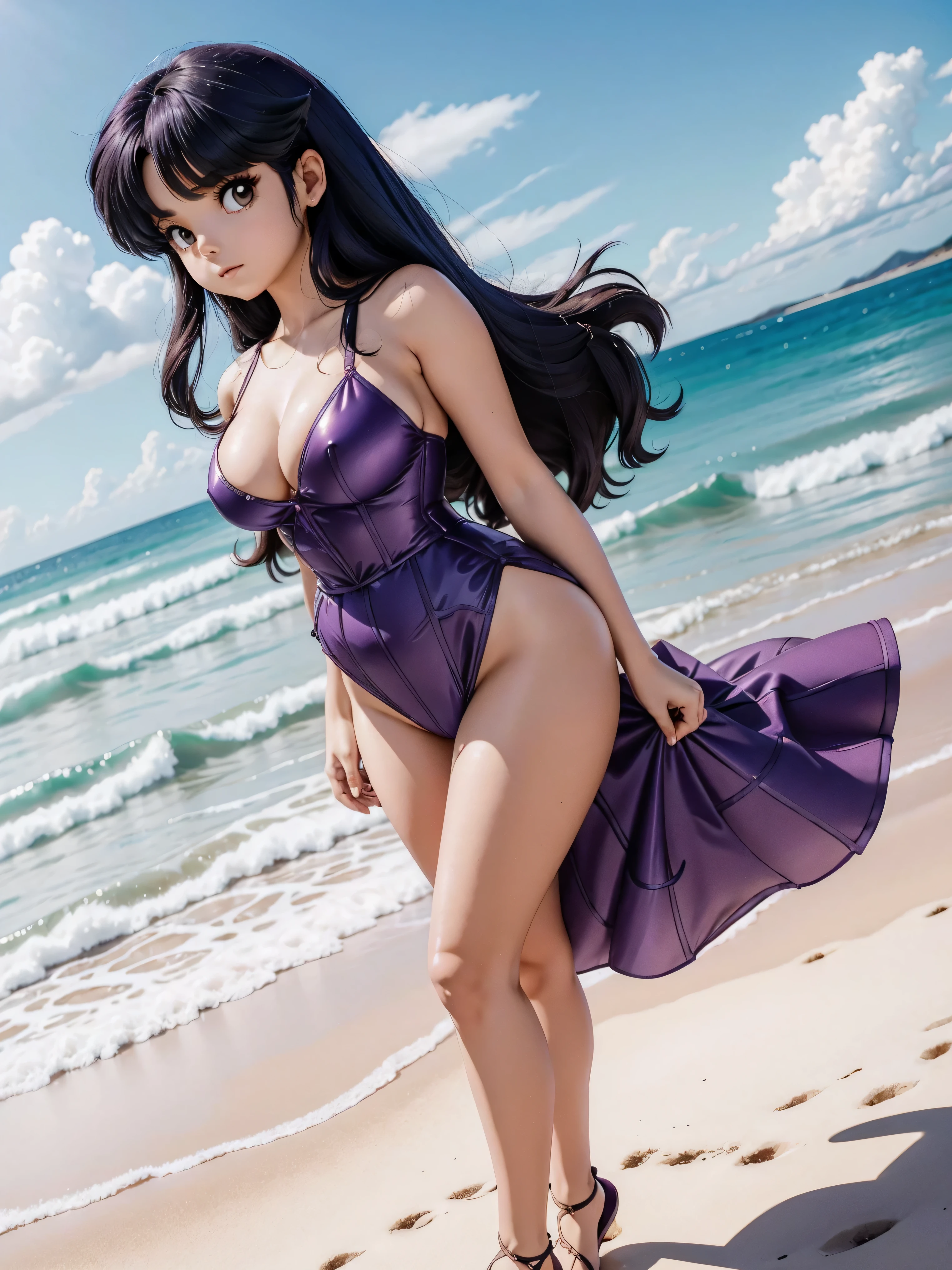 Garota anime de cabelo escuro com saia vestido longo purple meio transparente e espartilho, 16 anos, corpo bonito, seios grandes, com hand in panties , hand in hair, Garota sensual, purple cabelo, mechas de cabelo laterais, mechas de cabelo na lateral do rosto, beautiful lighting, sombras suaves, olhos azuis, pernas bonitas, cabelo curto, estilo anime, personagem Akane Tendo, Autora Rumiko Takahashi, Baseado em obra de Rumiko Takahashi, Anime Ranma 1/ 2, decote sensual, quadril robusto, corpo inteiro, corpo inteiro, busto grande, garota jovem com corpo belo e bonito, sandals on his feet, garota 16 anos jovem, usando saia e corset pink e purple meio transparente, garota anime, estilo anime, beautiful feet in sandals, 45° viewing angle, ao ar livre, peito grande, seios bonitos, cabelo preto, sandals on the feet, pernas bonitas, sensual, belas pernas, Sandalias, seios grandes, corpo completo, corpo inteiro, feet with sandals, anime realista, saia, sarja roxa, personagem realista sensual, postura ereta, ao ar livre, calcinha pink, hand in panties, saia vestido com 50% de opacidade meio translucida, ao ar livre, perfect feet