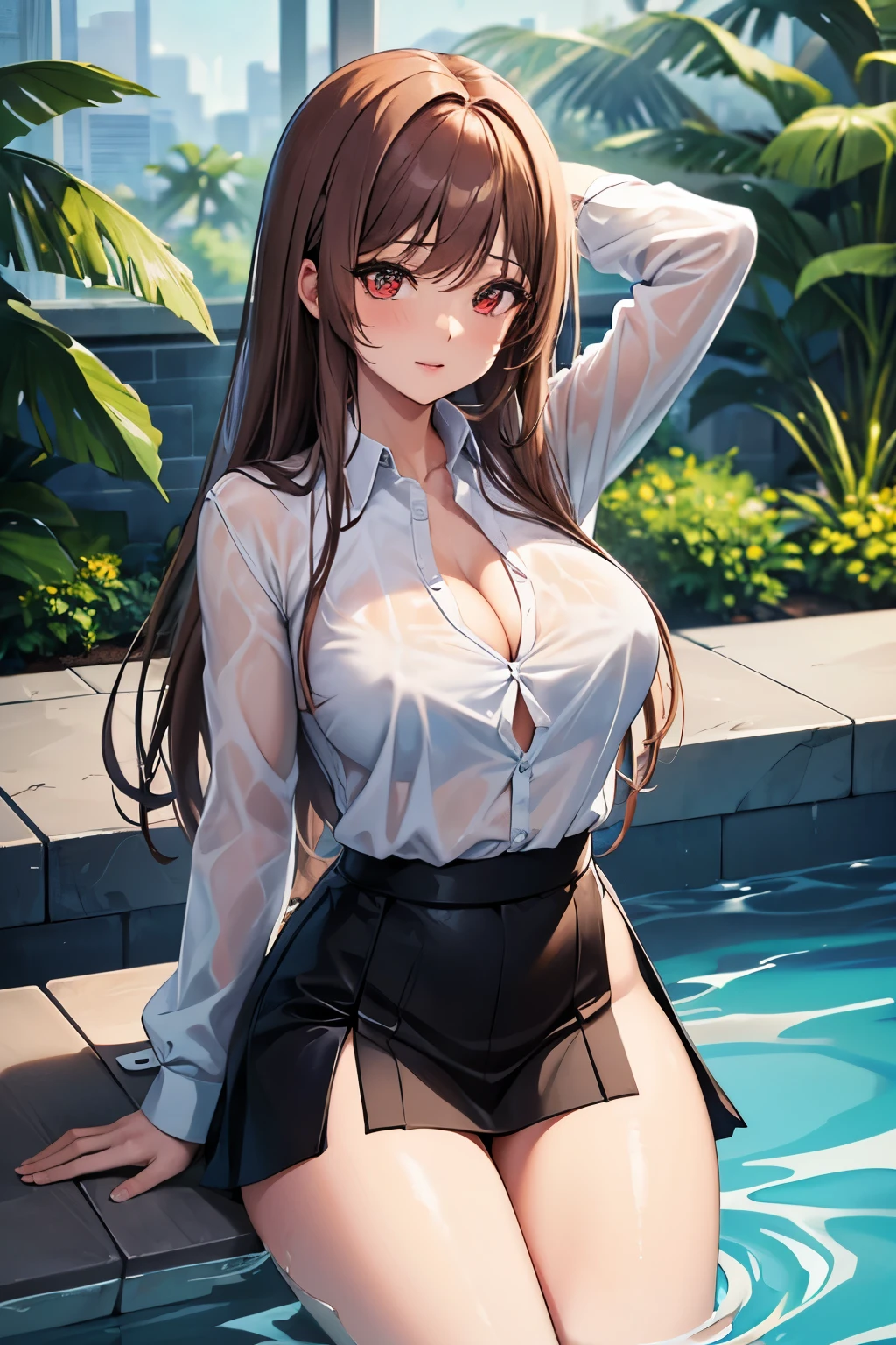 Game , goddess of victory nikke, Rapi , light brown hair, alluring eyes ,beautiful face , crystal red eyes , long hair ,white shirt, oversized office shirt, see through shirt, cleavage, wet shirt, didn't had skirt, no pant, bare legs,dripping wet,cheerful eyes, ,g cup breast, slender waist, bewitching thighs, , five fingers each hand, two hand ,two leg , in water, at pool, alluring pose