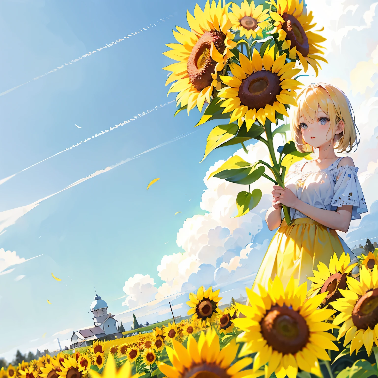 there is a girl standing in a field of sunflower, 美丽的sunflower动漫女孩, sunflower背景, Scenes : sunflower田, Scenes: sunflower田, sunflower in the background, on a sunny, sunflower, in a sunny, sunny time, illustration!, sunny time, Doujinshi, bright sunny, sunny, illustration, sunflower田