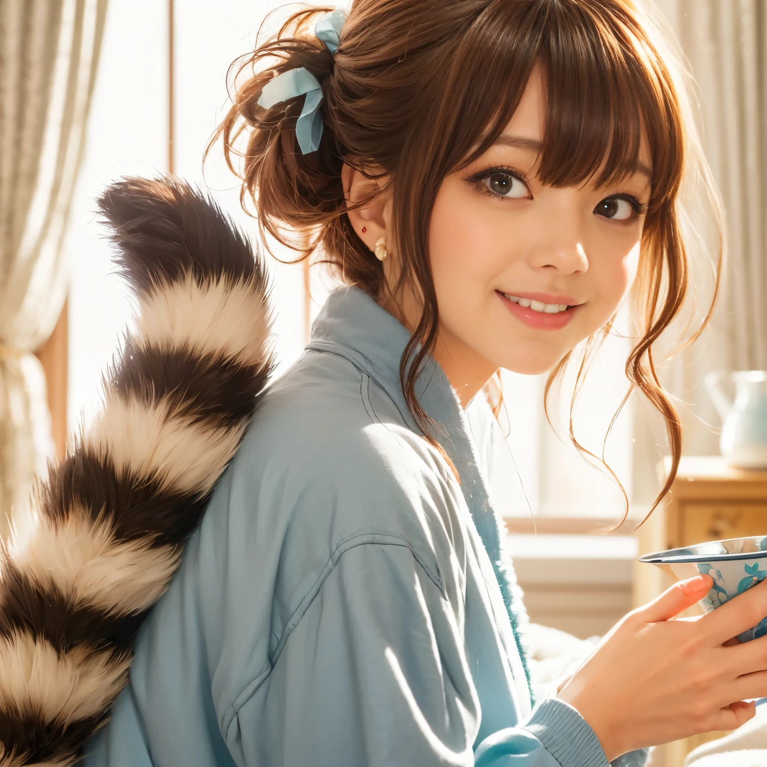 black hair, hair bobble, wince, long eyelashes, solid circle eye, fake animal ears, light smile, ear blush, tooth, light brown hair, hair ribbon, aqua eye, earrings, enchanting smile, surrealism, cast a shadow, anaglyph, stereogram, tachi-e, throw, atmospheric perspective, high detail, anime style, 8K, Super detailed, Accurate, highest quality, UHD--Auto