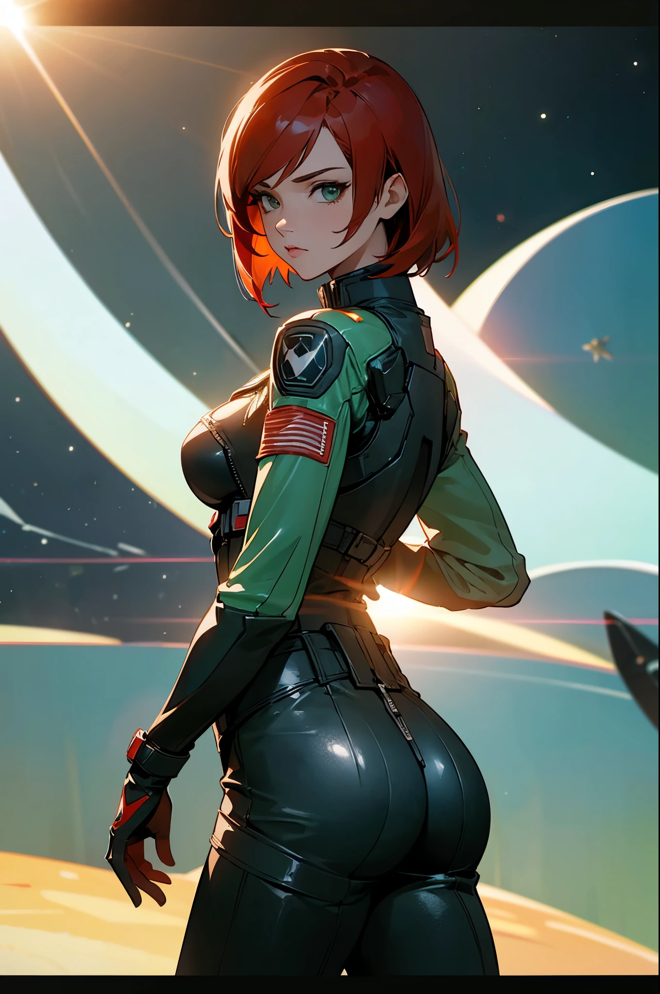 ((Best quality)), inside spacestation, looking out into space, Female shepard from mass effect series, short red hair, pale green eyes, muscular build, wearing casual clothes, leather jacket, open jacket, breast, ass, cleavage, looking away from viewer, staring out into space, stars, sun, sun flare, side shot
