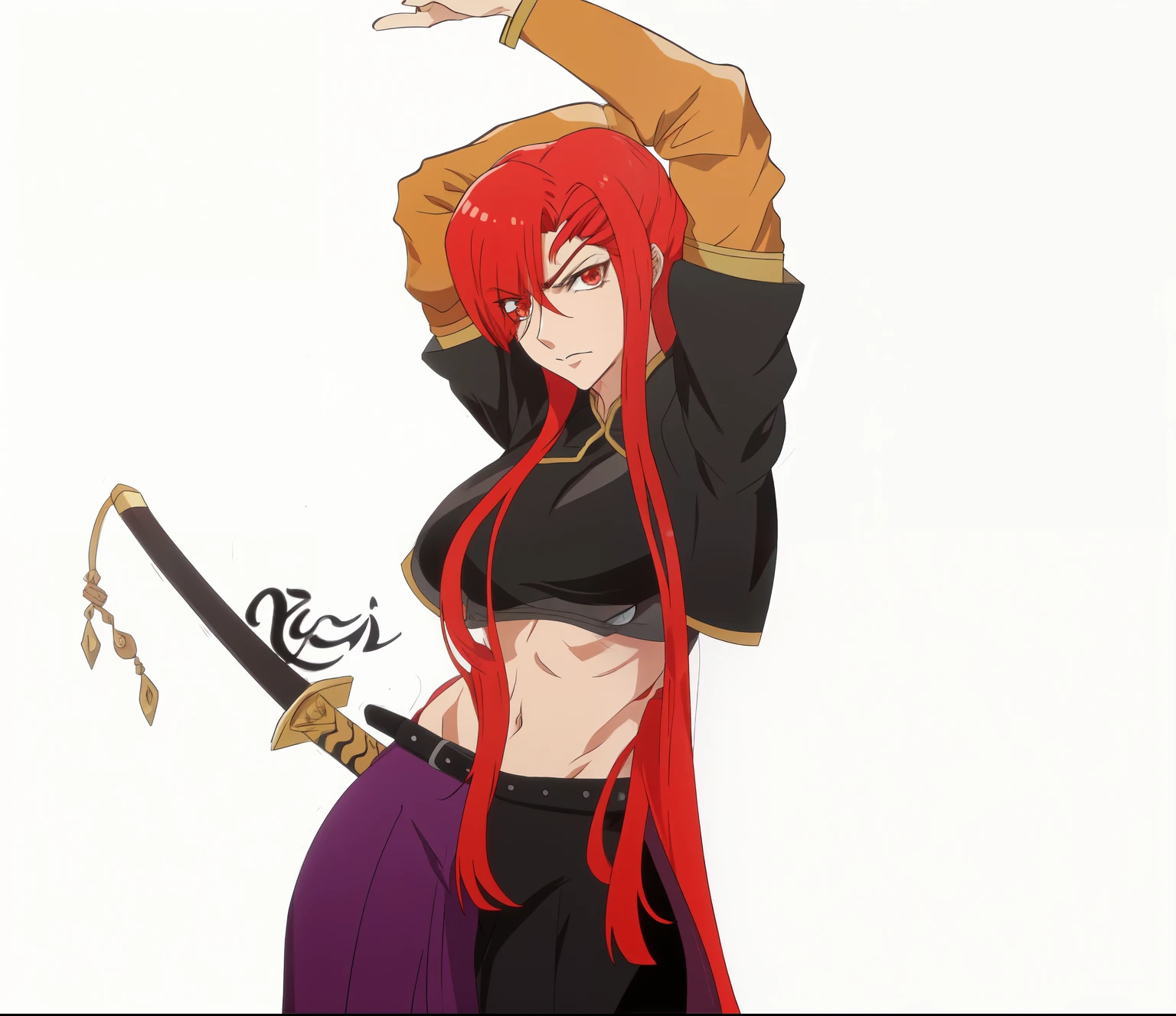 um desenho de uma mulher com cabelos ruivos e uma espada, pose durona, villain pose, dramatic wielding katana pose, personagem de estilo anime, Erza Scarlet como uma pessoa real, as an Personagem de anime, dramatic sword-wielding pose, Personagem de anime, fogo!! corpo todo, um assassino adolescente nervoso, lineart colorido, garota de anime desonesta, ela tem cabelo longo redoranjado