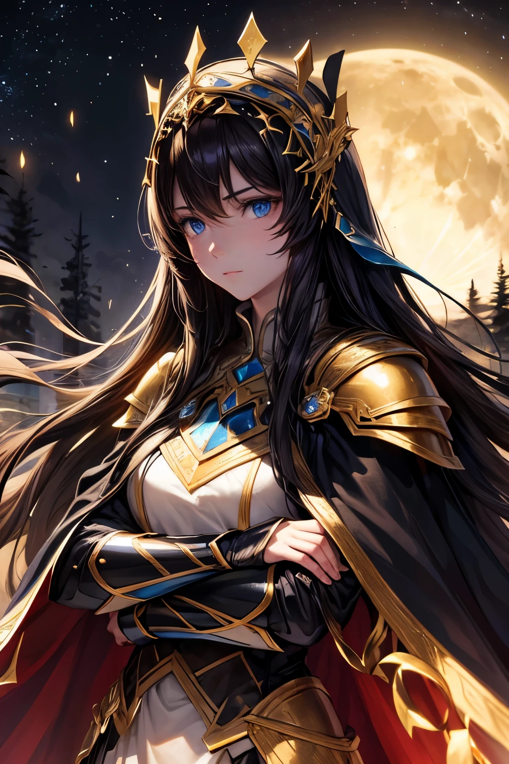 best quality, extremely beautiful, beautiful face, long straight brown hair, blue eyes, (white skin : 1.2), crossed arm, full covering dark and gold armor, dark cape, in a dark snowy forest at night, moon in background