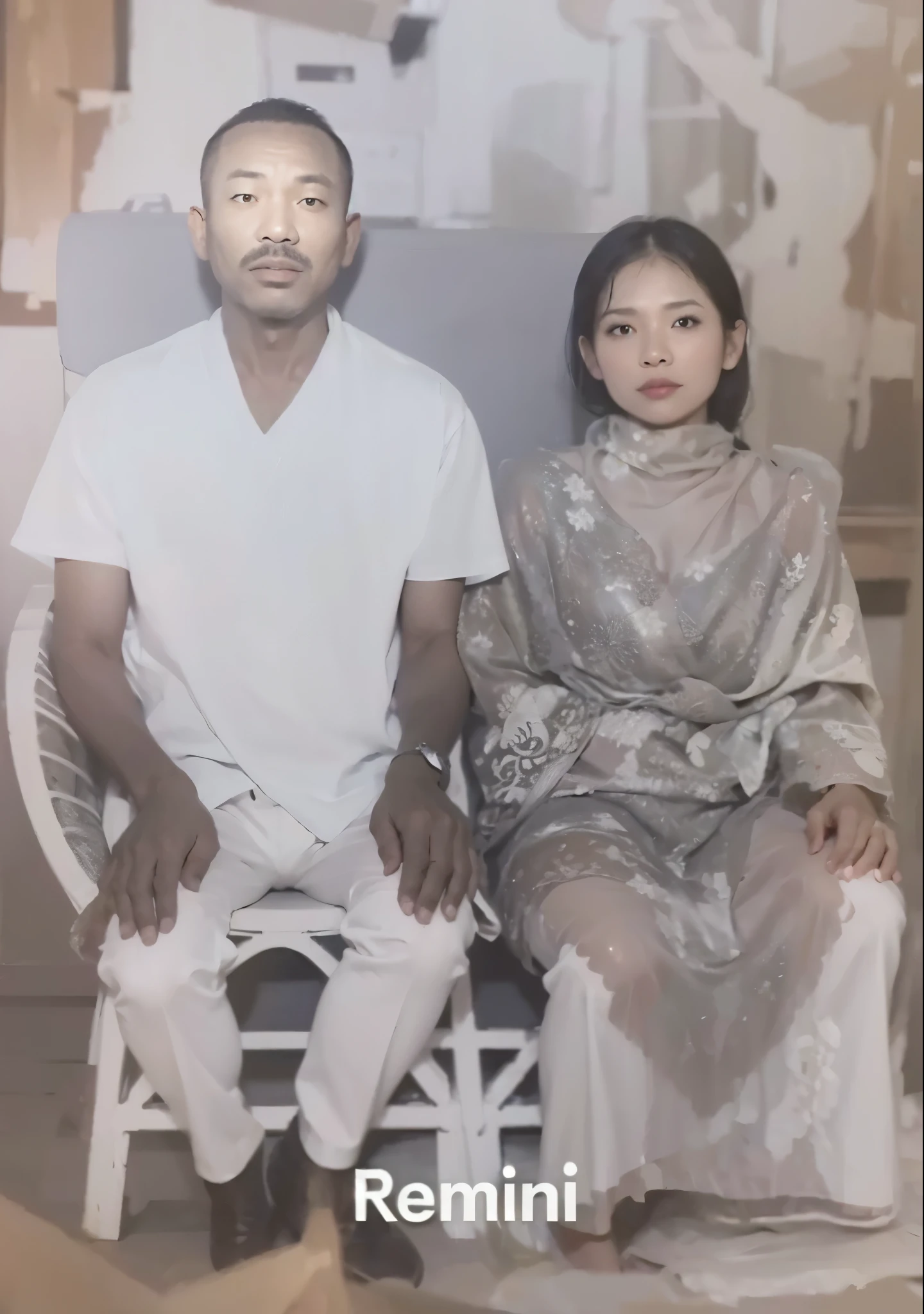 (((Masterpiece: 1.5, Best Quality, High Resolution: 1.3, Super Resolution, Super Detail, Super Detail: 1.3, Rich Background: 1.2))), Two Indonesian people, a 45-year-old man wearing a white shirt, dark skin, and a 40-year-old woman wearing a yellow Javanese kebaya and batik sarong. Sitting on a chair, abstract background.