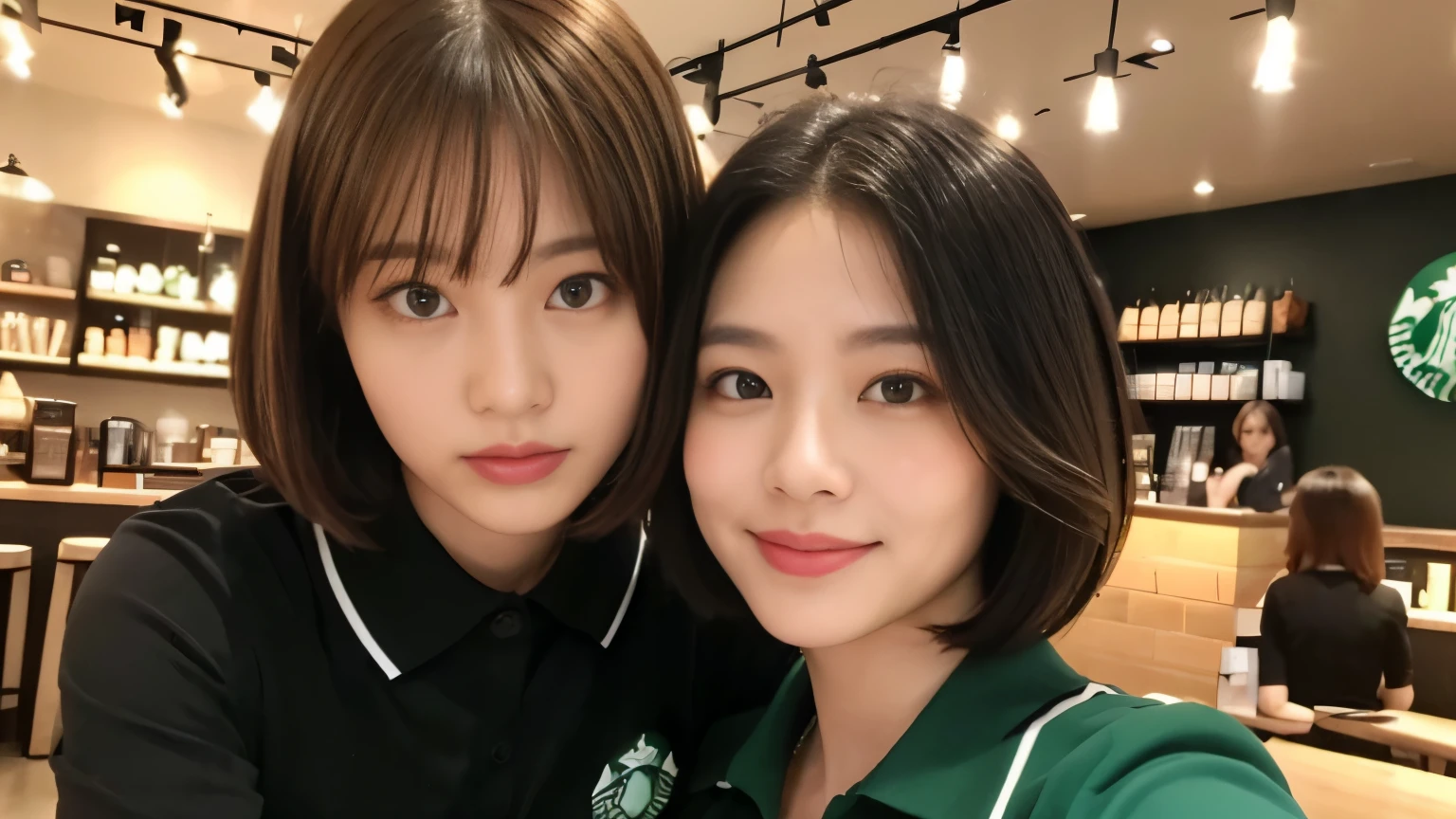 ((highest quality、8K、masterpiece:1.3))、sharp focus:1.2、beautiful woman with perfect body:1.4、((layered haircut))、、(black polo shirt)、(Inside the Starbucks store:1.2)、Highly detailed face and skin texture、 detailed eye、double eyelid、sunburned肌、Sexy、sunburned