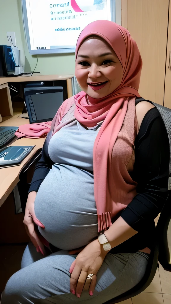 Malay granny in hijab, pregnant granny, smiles, very detailed face, detailed eyes, detail lips, huge pregnant belly, gigantic sagging breasts, 70 years old granny, 44 weeks of pregnancy, third trimester , jiggly fat and round pregnant belly, huge belly, wearing casual clothes, bbw, weight gain, chubby, at office, senior executive, pregnant officemates