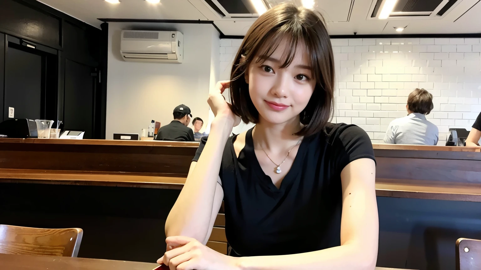 (最high quality、8k、32K、masterpiece:1.2)、A photo of a female college student who looks like a cute model、normal breasts、short bob hair、Upper body、face focus、refreshing white shirt、necklace、look at the audience、background a trendy coffee shop with a unique aesthetic and atmosphere. Incorporate elements like modern furniture, artistic decoration, and ambient lighting to enhance the ambiance. People who enjoy drinks々Consider including, engaging in conversation, or quietly working on laptops. Let your creativity flow、In this chic café setting「stable diffusion」Let the idea come to life, I can see other customers enjoying themselves too...。At the back of the cafe、Staff are busy working at the counter.、Feel the liveliness of a city cafe, sharp focus, 1 girl, sexy 1.2, brown hair, With bangs, fine eyes, Beautiful eyes with slit length, double eyelid, (cat face), (cute Face), cute Smile, (close your mouth), (cute), soft skin, surreal, Super detailed, high quality, (A caring and kind female college student), ((詳細な非常にcute女子大生)), The season is spring