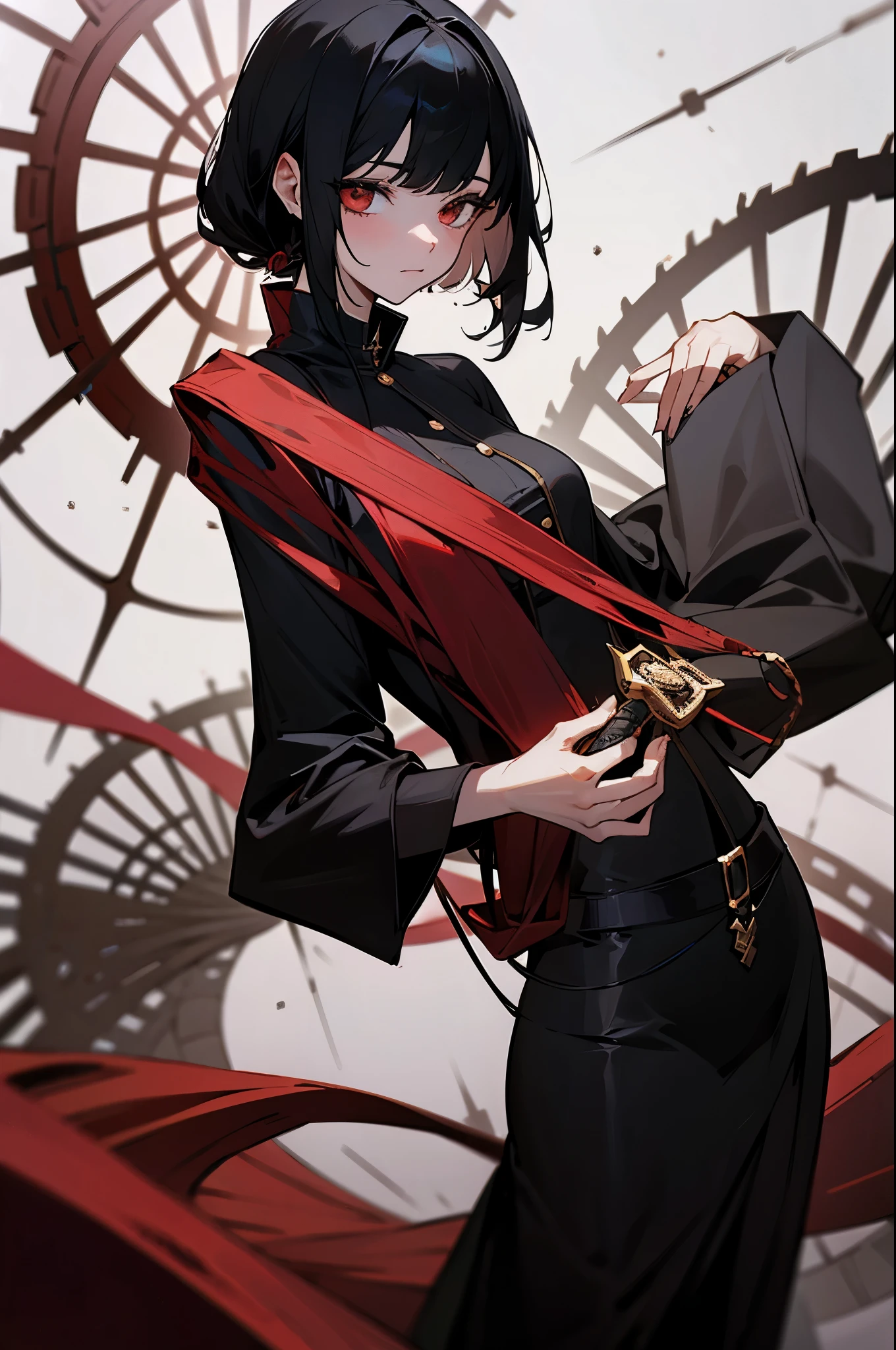 A black-haired girl holds the bloody spiral in Elden's ring behind her back