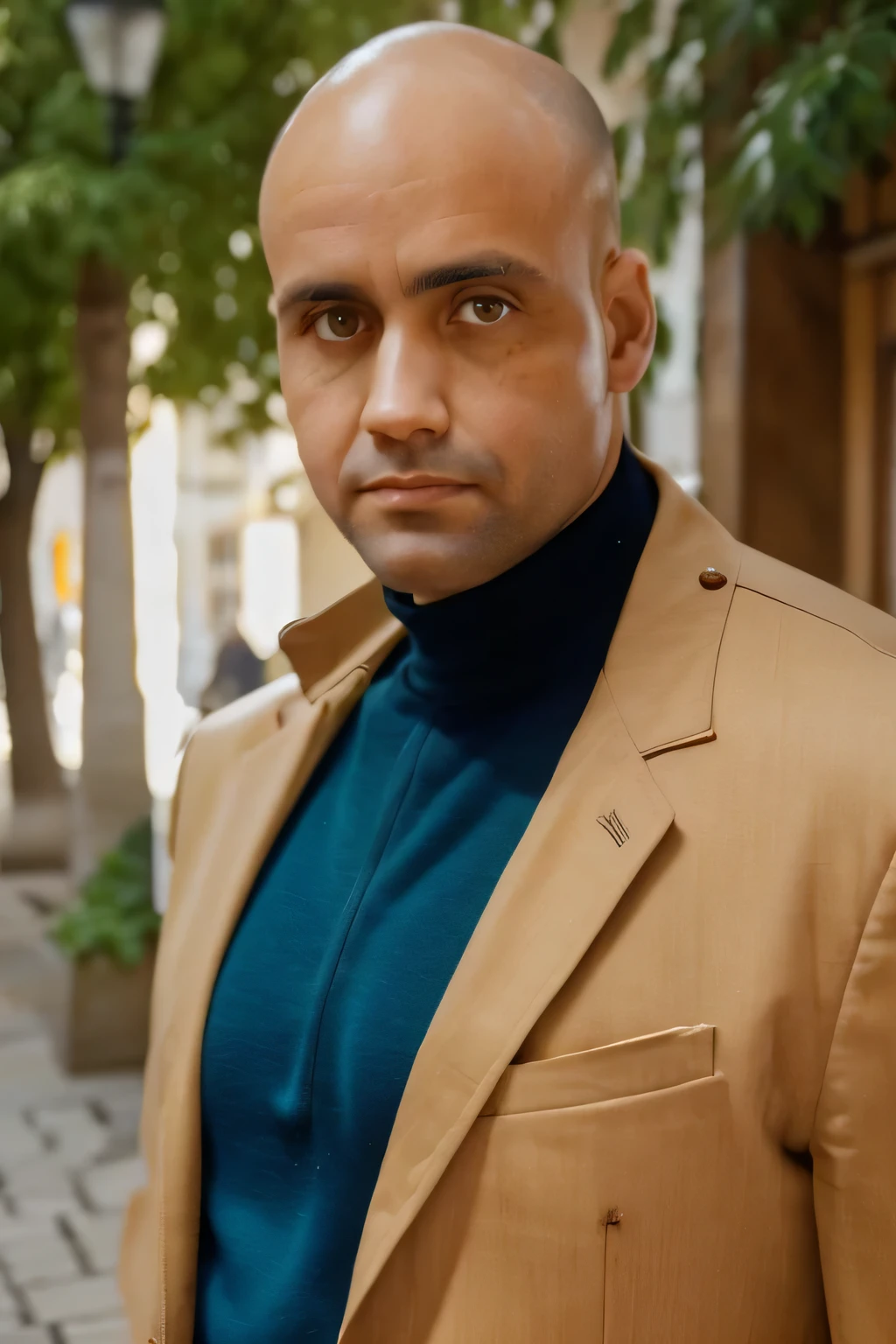 (high resolution, best quality, realistic) An elegant man approximately 30 years old, charming, brown eyes and hair, short almost bald hair, smooth and attractive face, captivating is taking a stylish selfie in the charming streets of Paris. The man wears a stylish jacket that complements his sophisticated look. The scene is beautifully captured with exquisite detail and sharp focus. The artwork evokes a realistic and photorealistic aesthetic, showcasing the essence of the man's confident and elegant personality. The color palette is rich and vibrant, enhancing the overall allure of the composition. The lighting illuminates the man's features, highlighting the contours of his face and accentuating his captivating gaze.