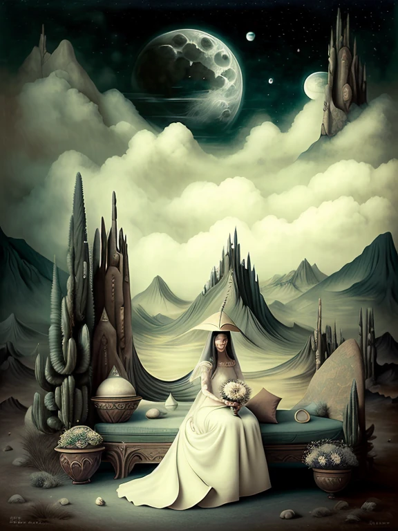 Neo surrealism, whimsical art, painting, fantasy, magical realism, bizarre art, pop surrealism, inspired by Remedios Var, Jacek Yerka and Gabriel Pacheco. Create a surreal cosmic scene with a young woman sitting on a crescent moon. The moon is highly detailed with realistic craters, and the woman is in a three-quarter profile view. Her skin is fair, with a soft, contemplative expression on her face and her eyes closed. She has long, dark brown hair styled in a loose updo with elegant floral decorations. She wears a full-length, flowing vintage cream gown with intricate lace detailing and ethereal, gossamer fabric that drapes gracefully over the moon’s edge. The woman's pose is relaxed, with one hand supporting her head and the other resting on her lap. The background features a vast cosmic sky filled with stars, nebulae, and galaxies, exhibiting a vibrant mix of blues, whites, and purples. The lower portion of the image shows dark, towering mountain silhouettes with steep slopes, suggesting a distant, otherworldly landscape. Fluffy, white clouds are scattered on both sides of the horizon. The composition balances the elements such that the moon and the woman are centrally placed, providing a focal point, while the mountainous landscape frames the bottom edge, and the cosmic sky serves as a mesmerizing backdrop enveloping the entire scene. The lighting is ethereal and comes from an unseen source, highlighting the woman and the moon, with soft shadows that complement the dreamlike quality of the image.