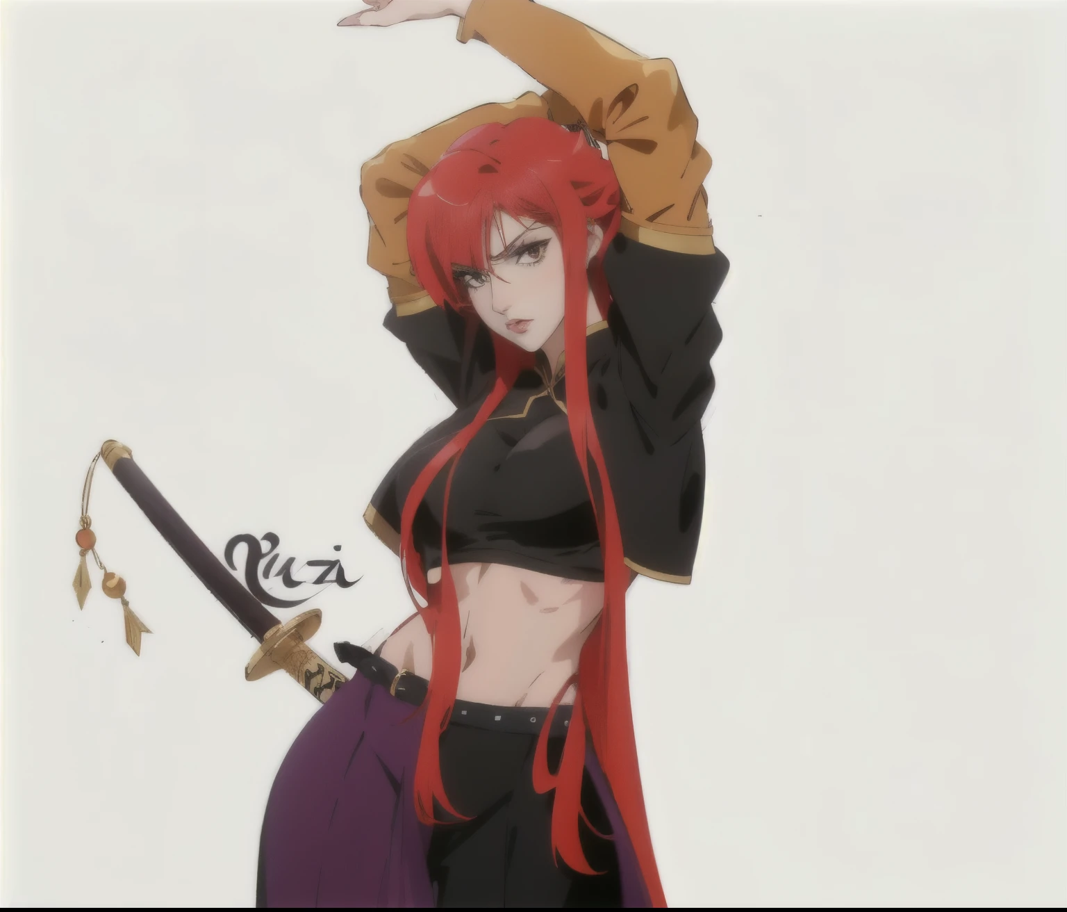 garota anime com cabelo ruivo e espada em roupa preta, Erza Scarlet como uma pessoa real, pose durona, maAlso kitagawa fanart, makeup makeup, raposa e arbusto, Cushart Kenz, eu era o ponto, Ryuu, Personagem de anime, Also, female Personagem de anime, personagem de estilo anime, dramatic wielding katana pose, Rena nunen estilo 3/4