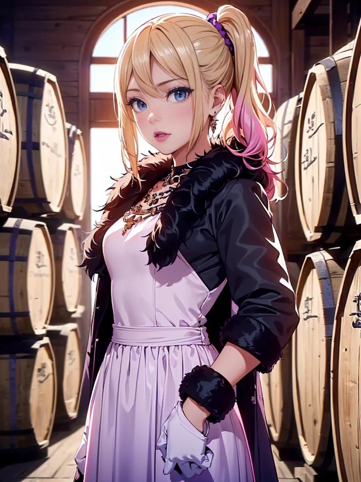 ((1girl, solo, alone, ai hayasaka, bangs, blue eyes, blonde hair, hair ornament, sidelocks, side ponytail, scrunchie, hair scrunchie, blue scrunchie)), ((solo, (1woman, pink lipstick), Extremely detailed, ambient soft lighting, 4k, perfect eyes, a perfect face, perfect lighting, a 1girl)), ((1girl, solo, alone, ai hayasaka, bangs, blue eyes, blonde hair, hair ornament, sidelocks, side ponytail, scrunchie, hair scrunchie, blue scrunchie)), ((solo, (1woman, pink lipstick), Extremely detailed, ambient soft lighting, 4k, perfect eyes, a perfect face, perfect lighting, a 1girl)), ((white dress, ornate long dress, purple dress)), sexy blue dress)), (((black fur coat:1.4), (ornate dress, purple dress))), gold bracelet, winery,wine barrels backgroudn, standing on a barrel, sexy pose)), gloves, black gloves, bracelets, amethyst necklace, hoop earrings))