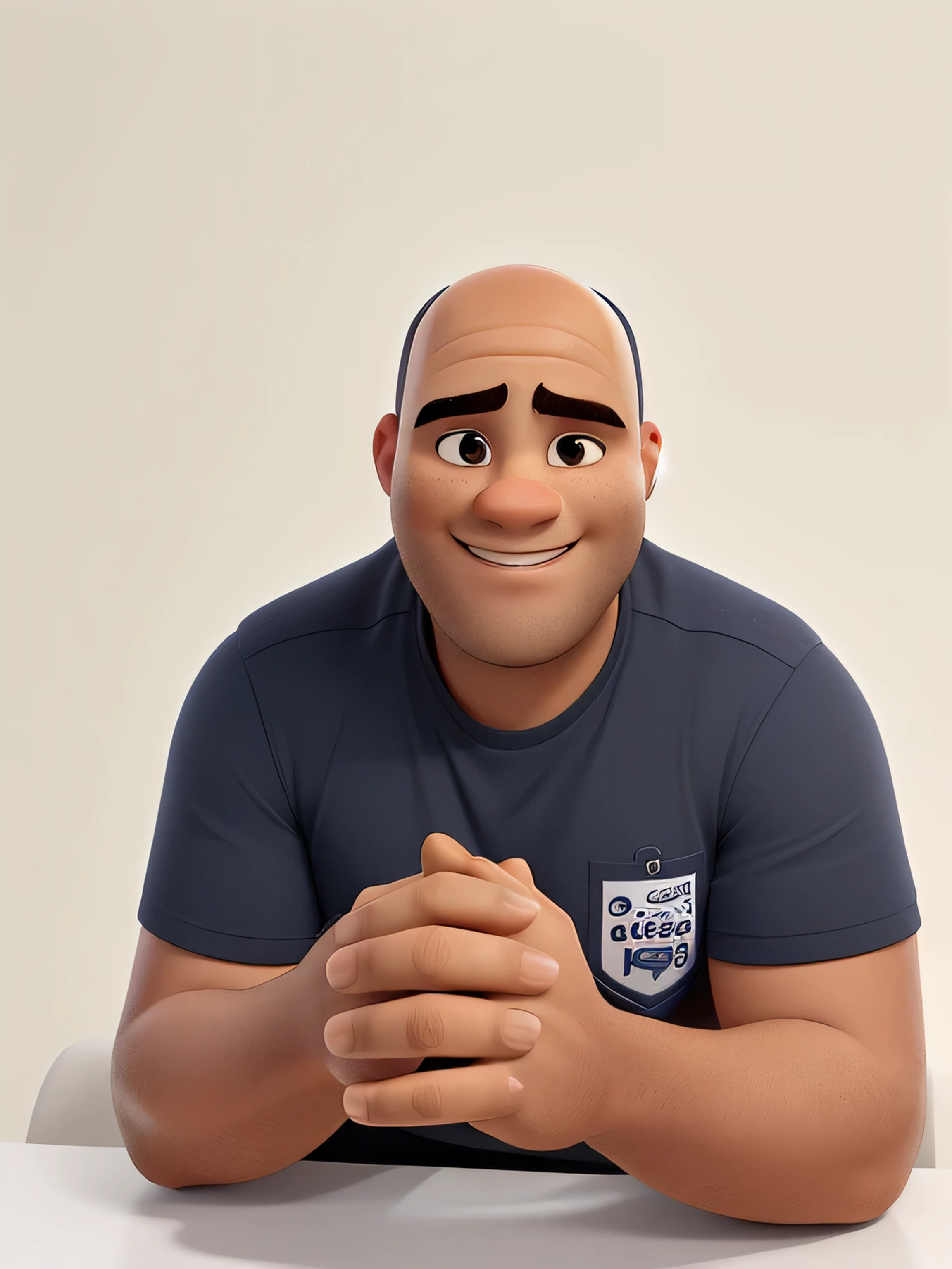 crie uma imagem desse pessoa estilo avatar, highlighting physical features, principalmente de rosto, o sorriso e a simpatia, he is also bald, moreno e gordinho