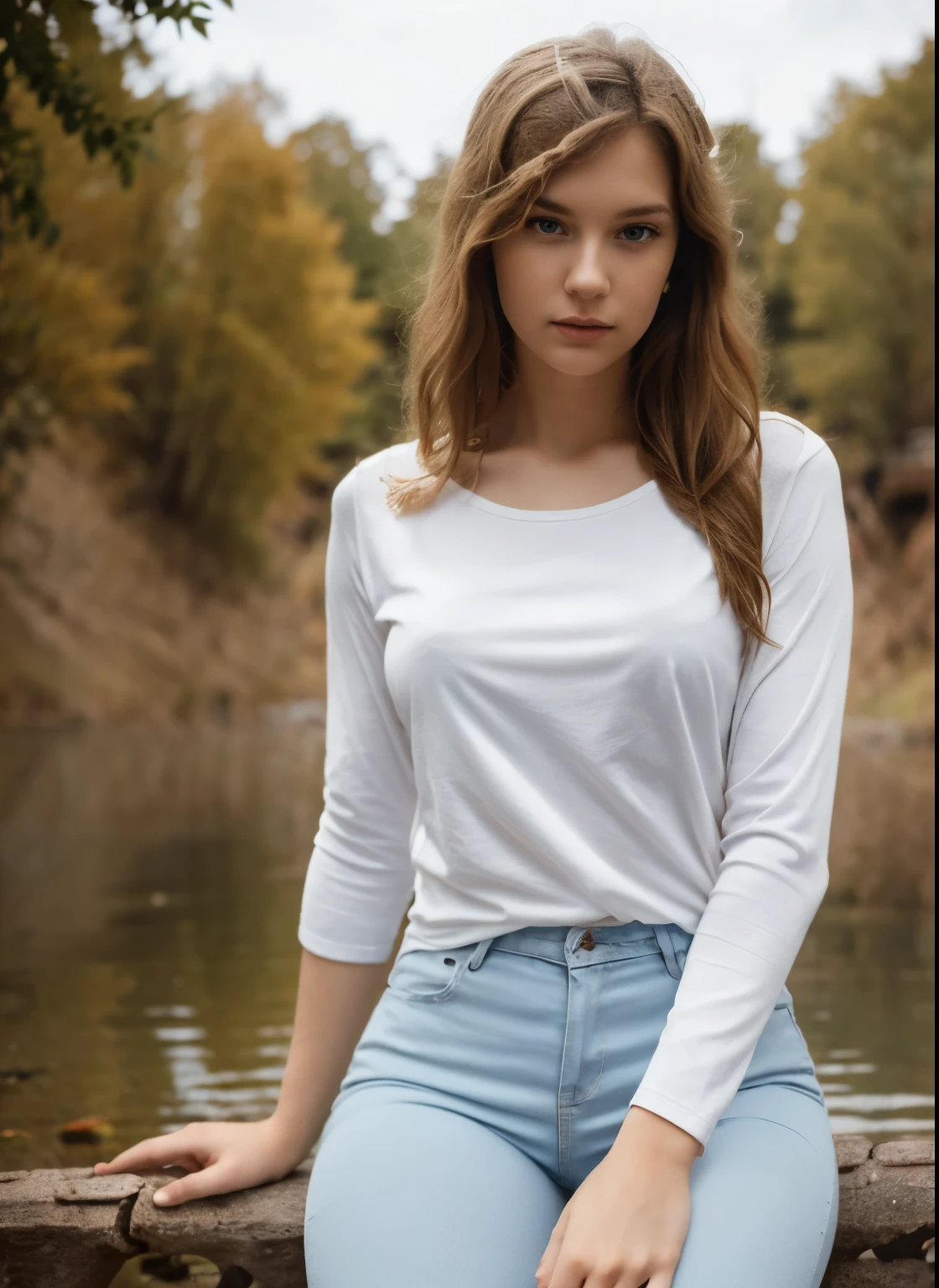 work of art, best quality, beautiful and sexy Anjelika 21 years old, blonde hair, white shirt, round neck, long wavy hair, light blue eyes, cowboy shot, sitting in pants overlooking a river in a dynamic pose, with the hand gently touching the hair, perfect hands, detailed fingers, veins, skin tone.