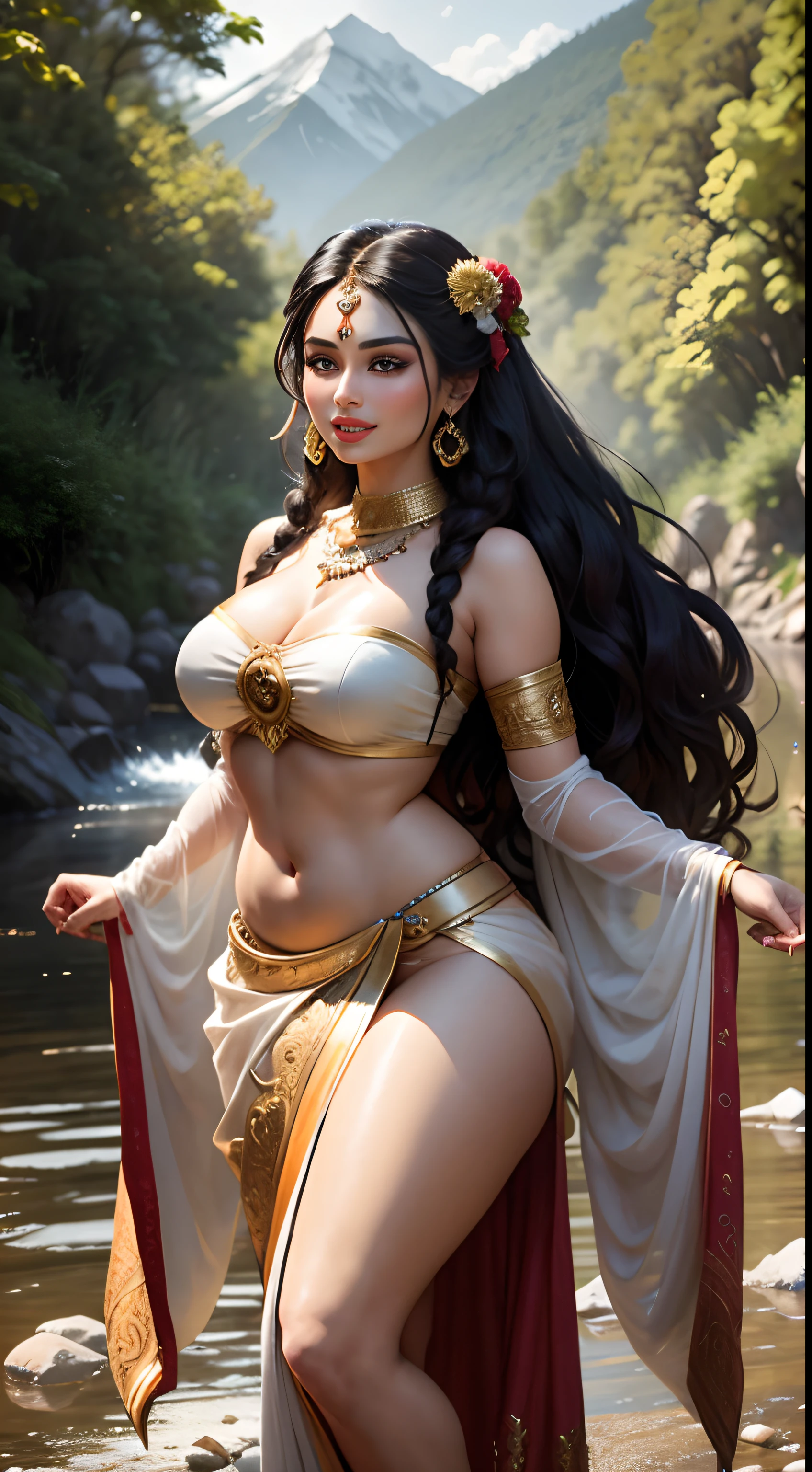 Mouni Roy, as an Apsara, standing in a forest, beside a river, voluptuous, wide hips, flowers in hand, dark brown braided hair, beautiful, wearing a white strapless bra and a full saree, wearing heavy gold ornaments, big smile, full body, front view, head to toe, mountains in background, full light on face, photorealistic, High resolution