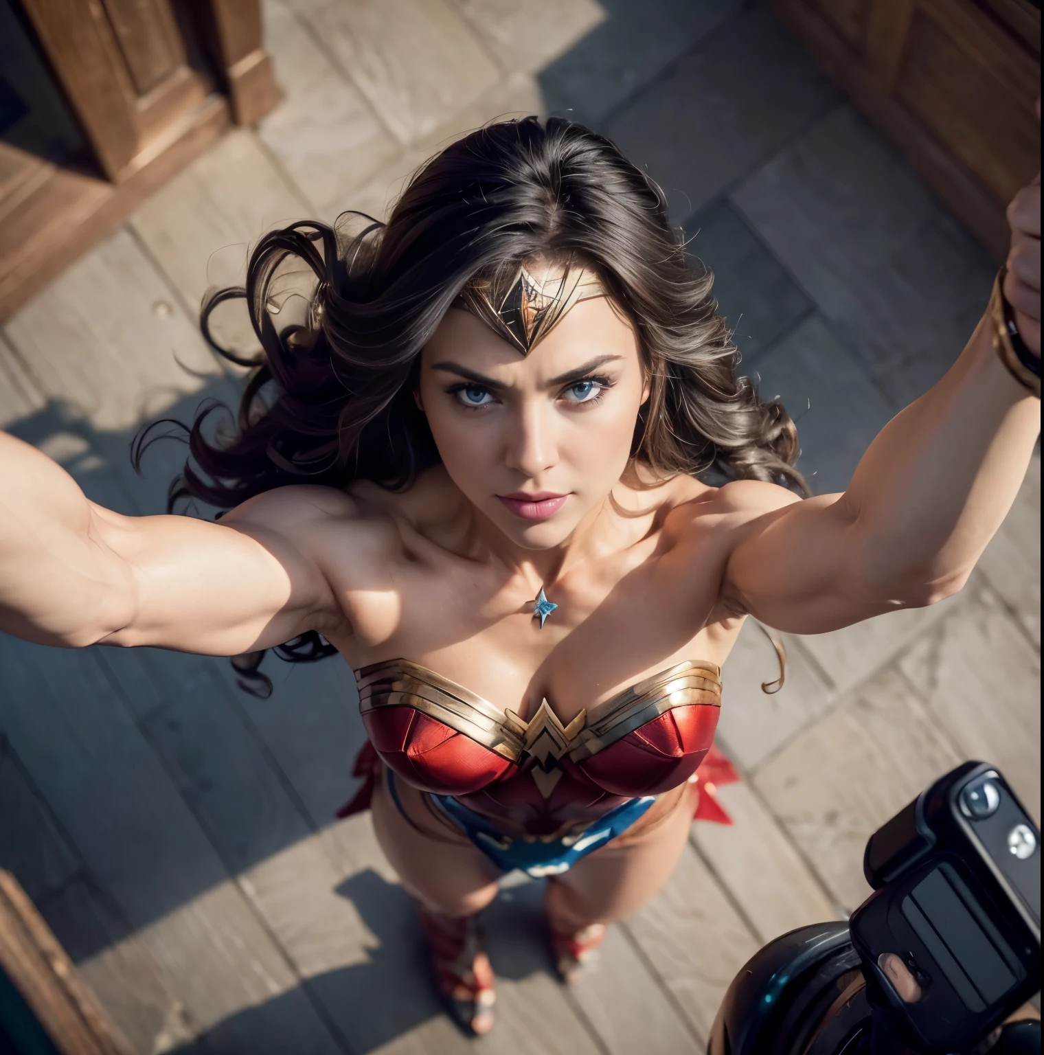 ((From a straight above, birds-eye perspective)), Wonder Woman, (muscular:1.5), long flowing hair, blue eyes, flirtatious smile, abs, Real Life, full bodyshot, (Ultra Realistic:1.5), Photorealism, Photography, 8K UHD, Photo, HDR, Complex and Elegant, Highly Detailed, Sharp Focus, Stunning, Beautiful, (Gorgeous: 1.2), Best Quality 1:1, Ultra Detail: 1.2, Best Shadows, 8k: 1.1), (beautiful detailed face), high contrast, (perfect lighting: 1.2), ((cinematic light)), colorful, hyper-detail, dramatic light, intricate detail, photograph by arny freytag, (head tilted back:1.7), looking up and left at viewer, leaning back, (selfie view from left above:1.7), cleavage, muscular, (arms reaching straight up overhead:1.8), (off center focus:1.5), (lifting man overhead)