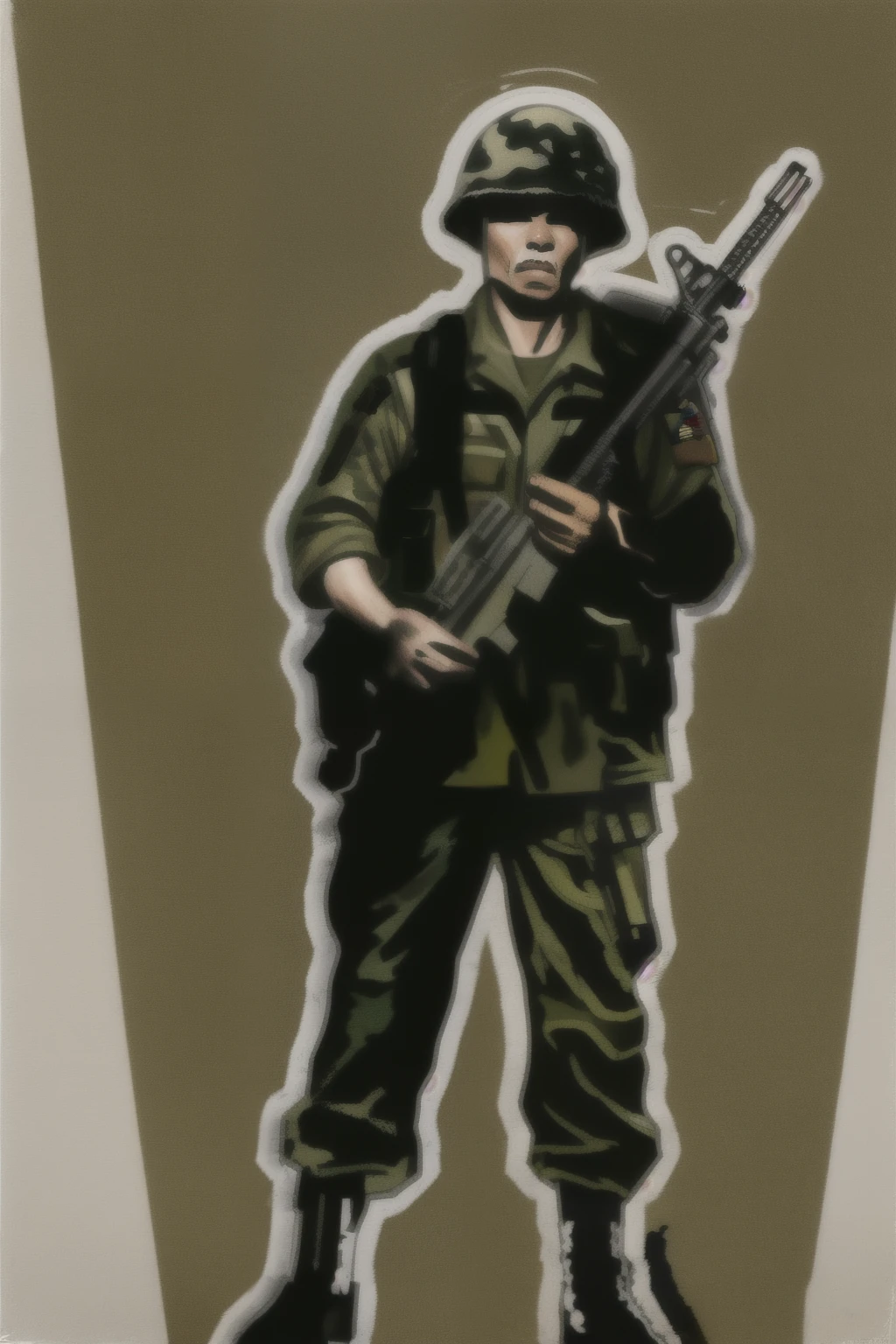 a black and white image of a soldier holding a rifle, vietnam soldier with skateboard, vietnam war soldier, inspired by Emory Douglas, shoulder patch design, guerilla soldier, white american soldier, solo male weary soldier, soldier, inspired by Brian 'Chippy' Dugan, inspired by Larry Rivers, inspired by Banksy, from the front, inspired by Billy Childish