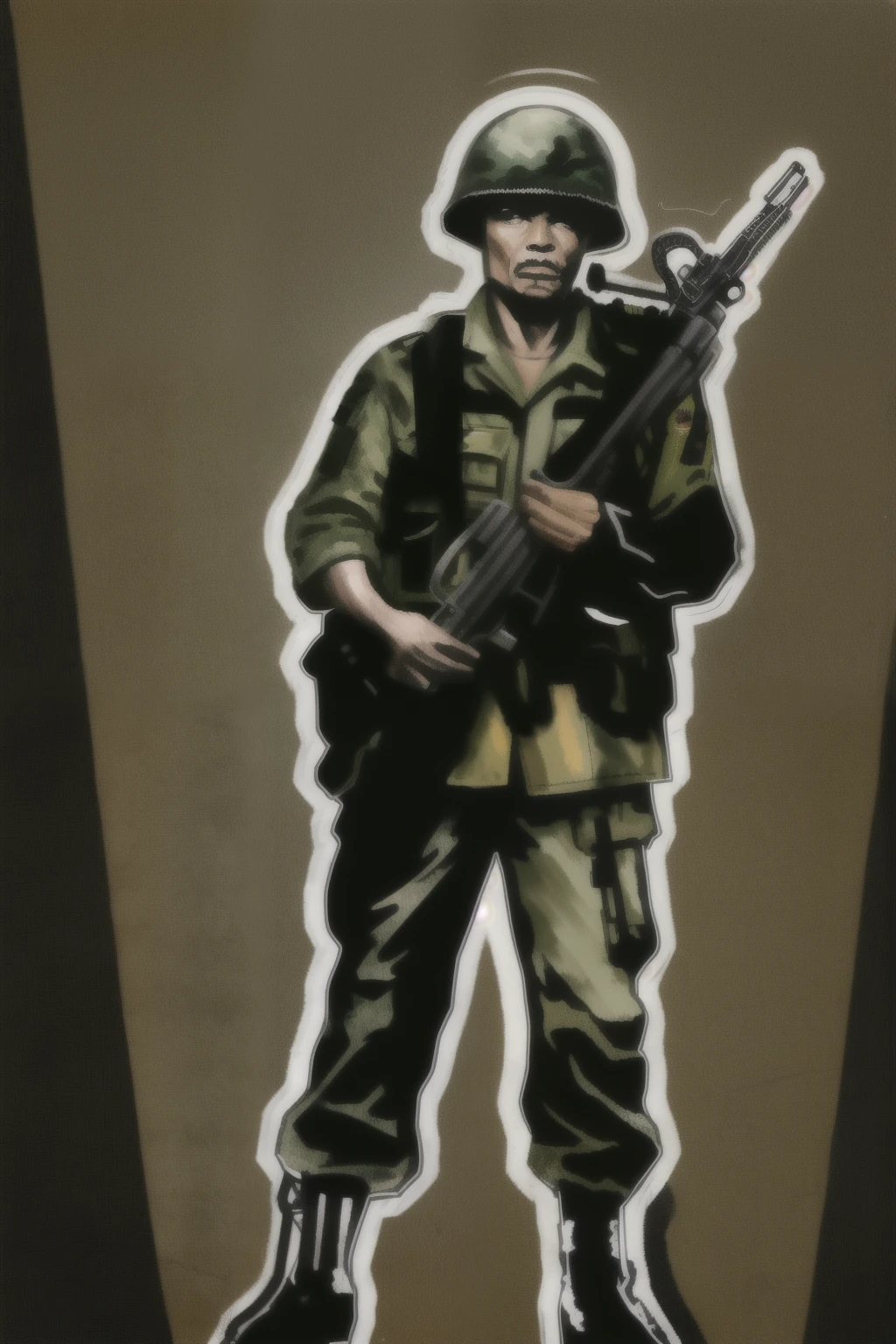 a black and white image of a soldier holding a rifle, vietnam soldier with skateboard, vietnam war soldier, inspired by Emory Douglas, shoulder patch design, guerilla soldier, white american soldier, solo male weary soldier, soldier, inspired by Brian 'Chippy' Dugan, inspired by Larry Rivers, inspired by Banksy, from the front, inspired by Billy Childish
