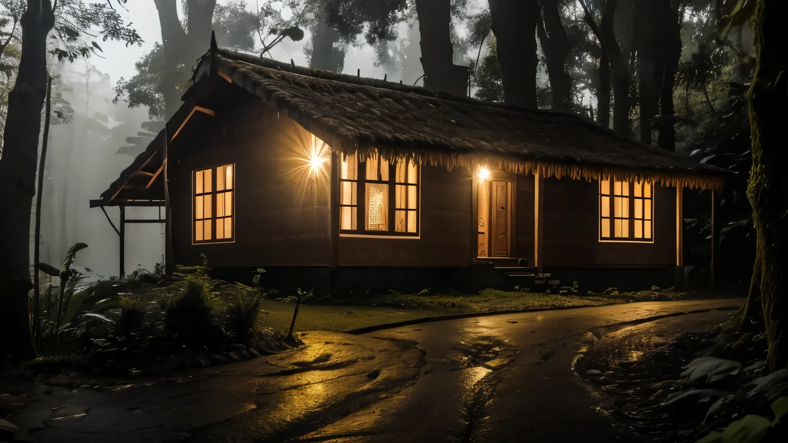 no interior de uma floresta sombria, it&#39;s night, uma estrada iluminada com pequenas tochas de fogo, e ao fundo uma casa de madeiras velhas, old year house, casa ruindo, , aspecto de muito velha, paredes de madeira ruindo, rainy and foggy weather