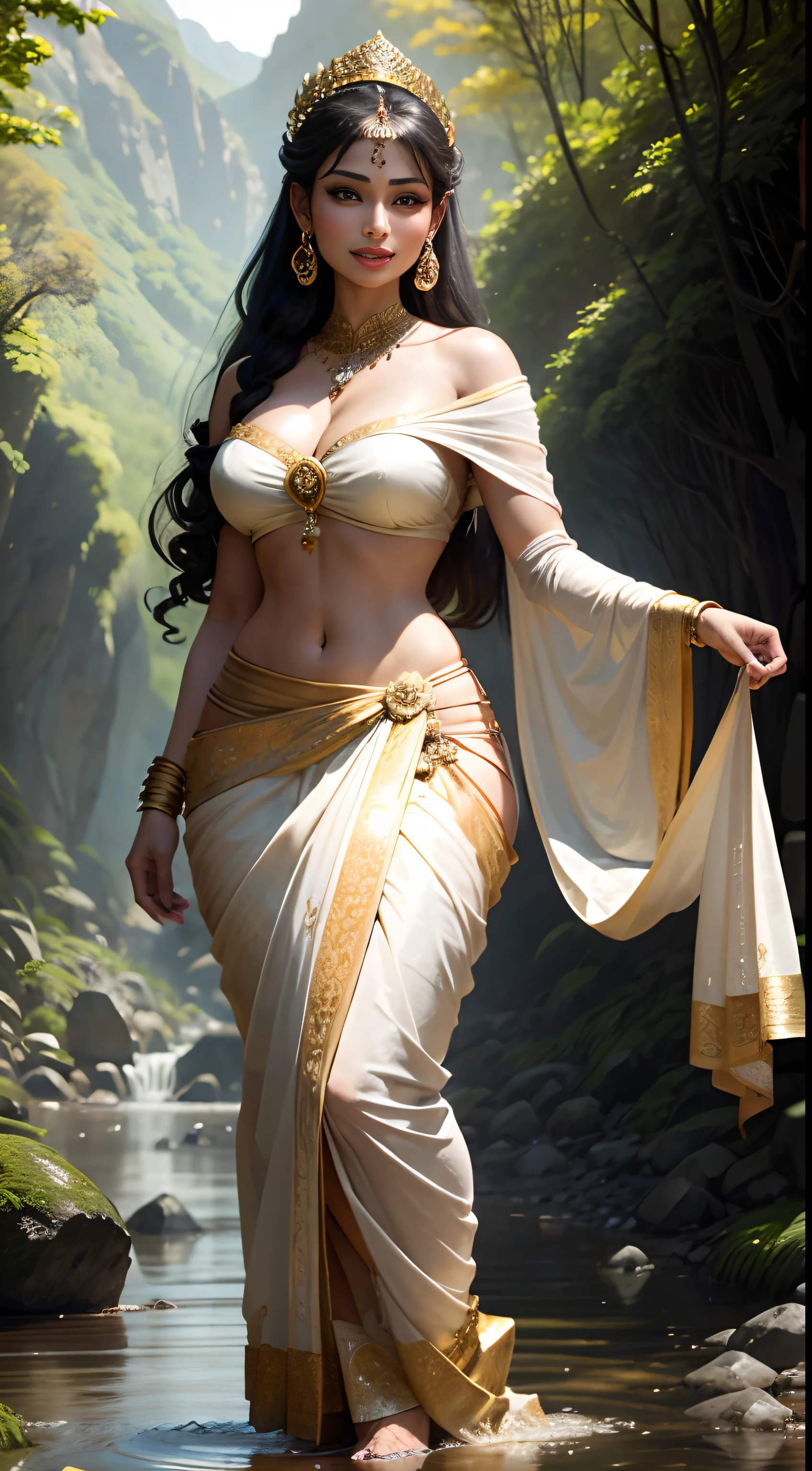 Mouni Roy, as an Apsara, standing in a forest, beside a river, voluptuous, wide hips, flowers in hand, dark brown braided hair, beautiful, wearing a white strapless bra and a full saree, wearing heavy gold ornaments, big smile, full body, front view, head to toe, mountains in background, full light on face, photorealistic, High resolution