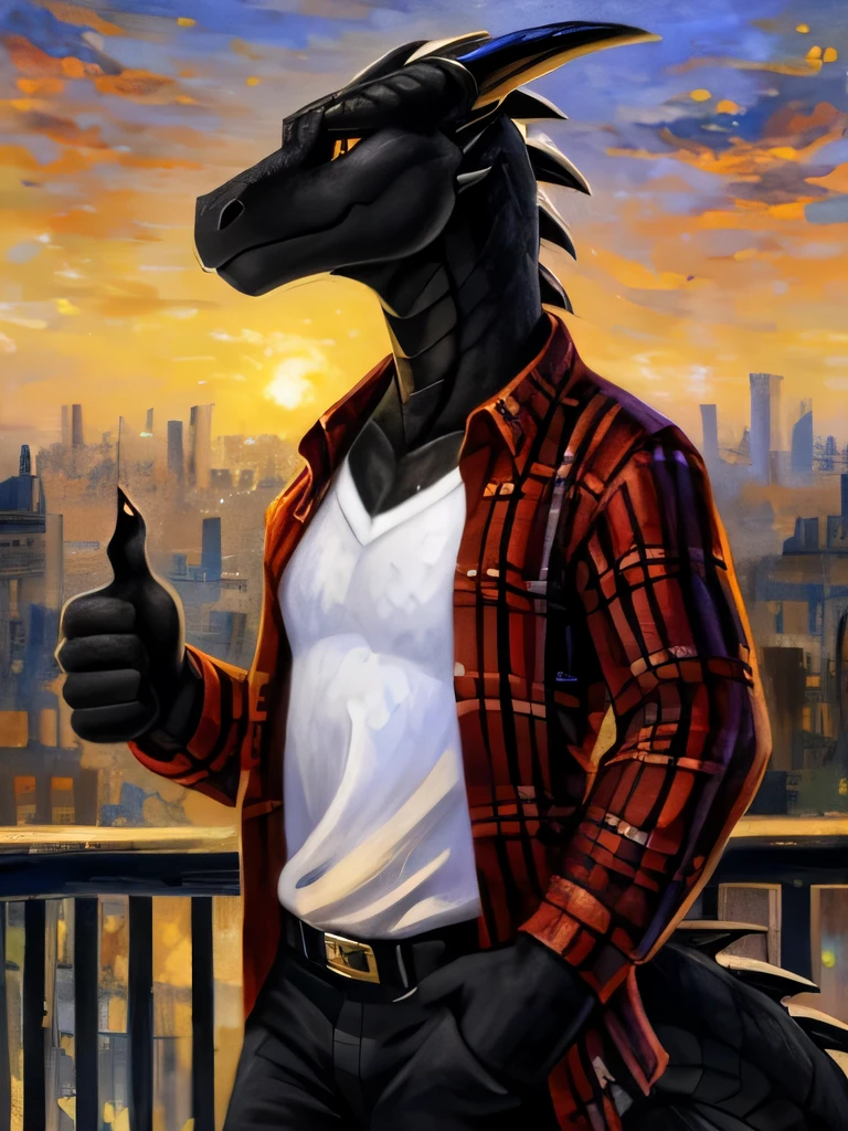 ((estilo impresionista)), estilo puntillista, pictorial style, desaturado, colores inusuales, obra maestra, por mancha, (by demicoeur), by jailbird, ((by Camille Pissarro)), ((al estilo de Camille Pissarro)), solo, male, dragon, anthropomorphic dragon, scalie, Dragon&#39;s head, (escamas de color ????? oscuro, cuerpo negro oscuro, Light amber eyes, ojos detallados), ((Camisa abierta de cuadros roja de manga larga con camiseta blanca debajo, jeans negros)), paisaje urbano, fondo de la ciudad, Vista de la azotea, Antecedentes, Midday sunset, fragmentos de metal rojo brillante vuelan a su alrededor, retrato de cuerpo entero, vista baja, (((Mano pulgar hacia arriba, garras afiladas)))
