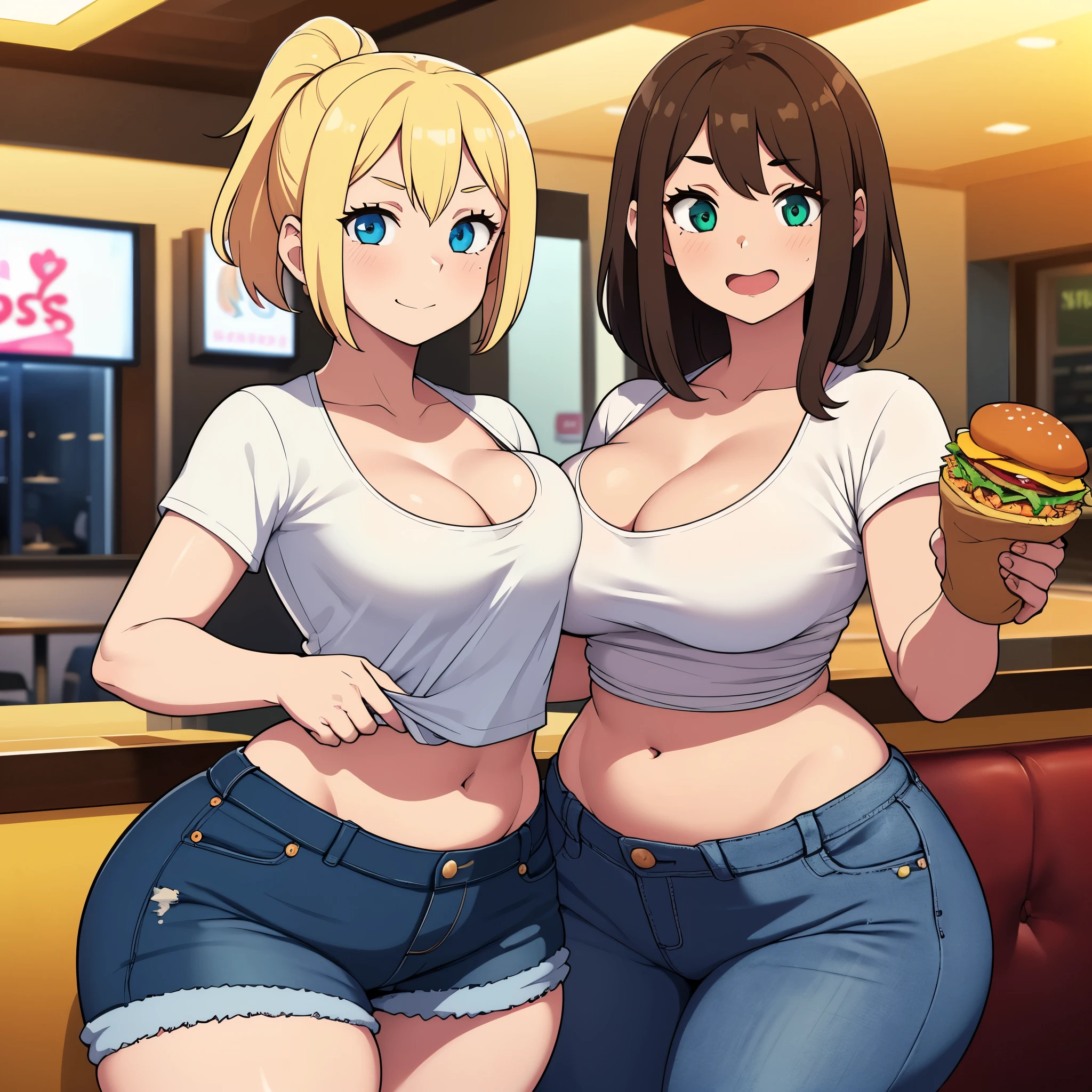 ((highres)), Masterpiece, high quality, best quality, beautiful, perfect lighting, detailed face, ultra cute face, ((2girls)), one girl has blonde hair, blue eyes, crop top and shorts, one girl has brown hair, green eyes, jeans, white shirt, tight clothes, fast food restaurant, medium breasts, cleavage, ((wide hips)), (thick thighs),