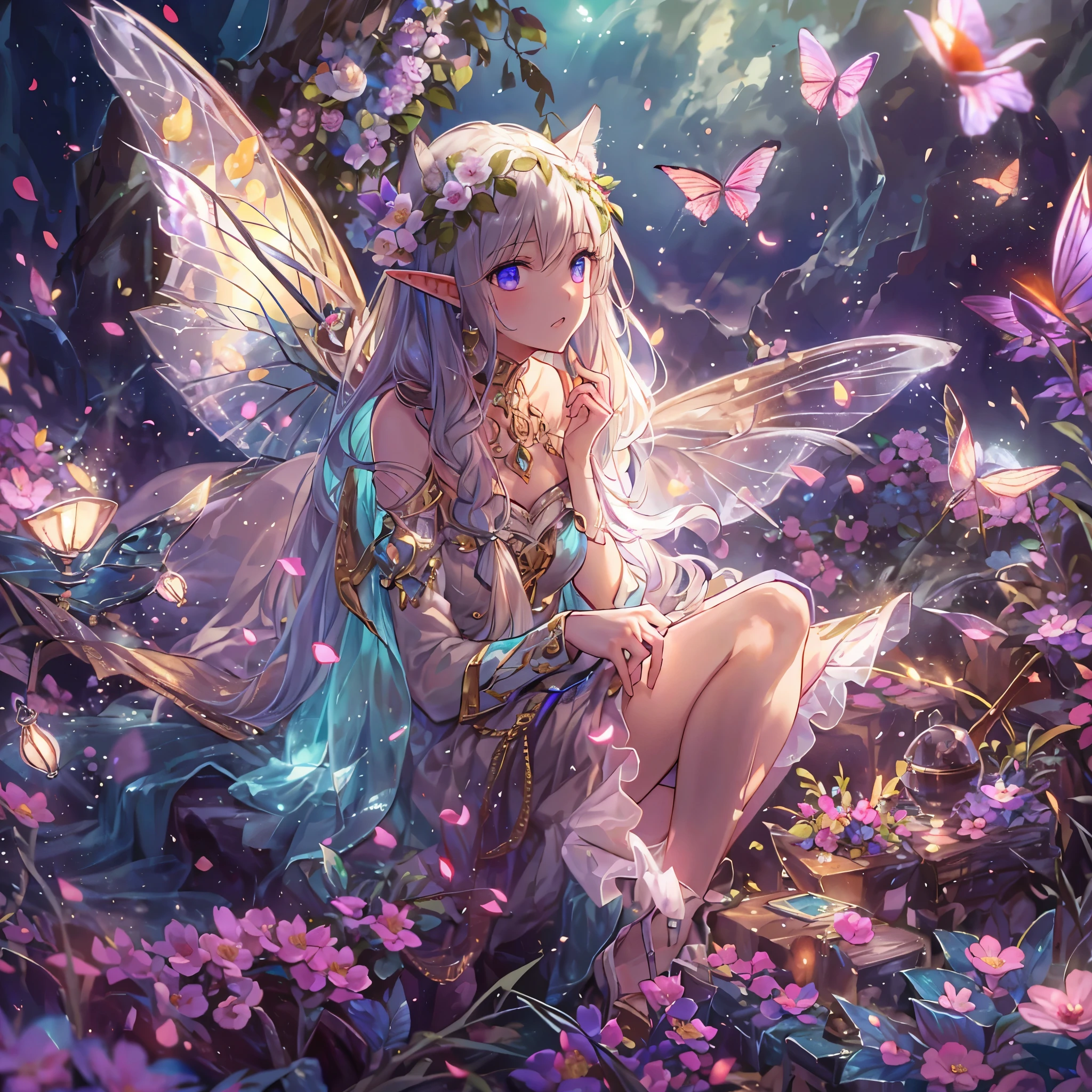flower fairy、flowers々surrounded by、About the size of flowers、About the size of butterflies、Beautiful girl with transparent shiny beautiful wings on her back、Glowing scales fly during takeoff、sit on flowers、highly detailed background,realistic,super detailed,super dense skin,Light Glow,film grain,According to II,Lens flare,sharpen,cinematic shadow, (elf ears)