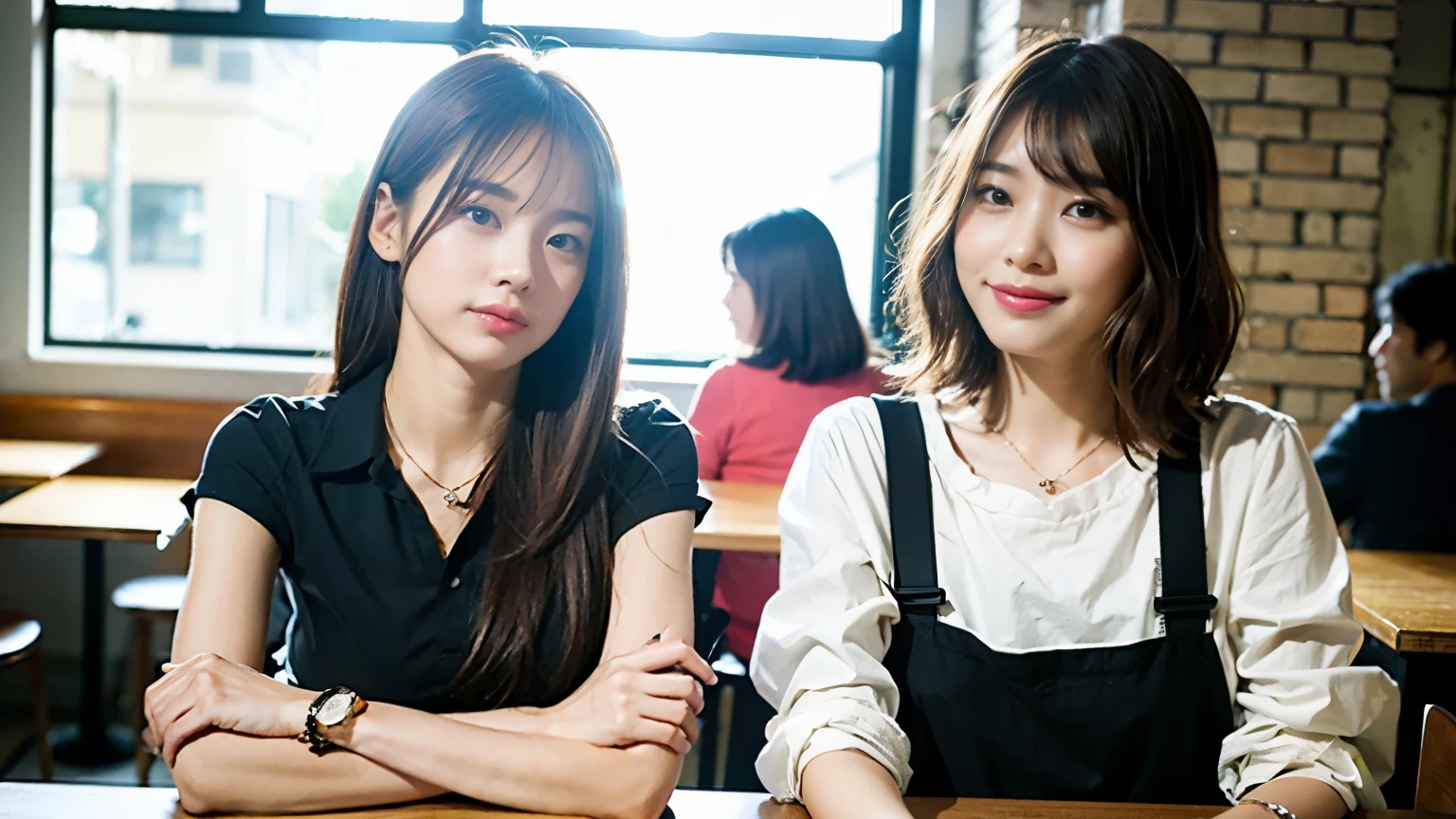 (最high quality、8k、32K、masterpiece:1.2)、A photo of a female college student who looks like a cute model、normal breasts、short bob hair、Upper body、face focus、refreshing white shirt、necklace、look at the audience、background a trendy coffee shop with a unique aesthetic and atmosphere. Incorporate elements like modern furniture, artistic decoration, and ambient lighting to enhance the ambiance. People who enjoy drinks々Consider including, engaging in conversation, or quietly working on laptops. Let your creativity flow、In this chic café setting「stable diffusion」Let the idea come to life, I can see other customers enjoying themselves too...。At the back of the cafe、Staff are busy working at the counter.、Feel the liveliness of a city cafe, sharp focus, 1 girl, sexy 1.2, brown hair, With bangs, fine eyes, Beautiful eyes with slit length, double eyelid, (cat face), (cute Face), cute Smile, (close your mouth), (cute), soft skin, surreal, Super detailed, high quality, (A caring and kind female college student), ((詳細な非常にcute女子大生)), The season is spring