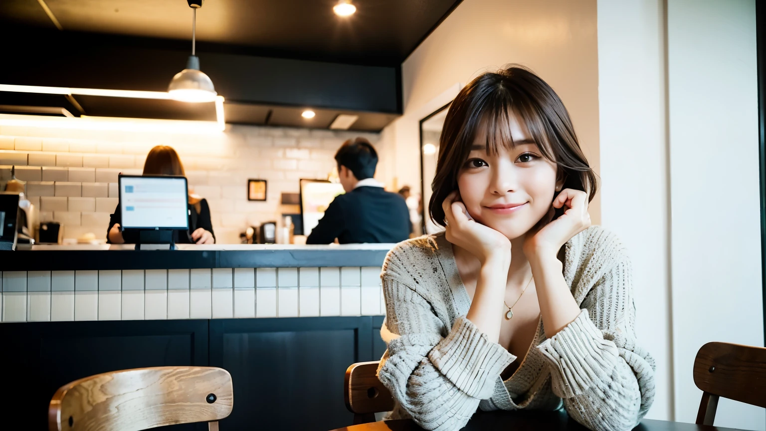 (最high quality、8k、32K、masterpiece:1.2)、A photo of a female college student who looks like a cute model、normal breasts、short bob hair、Upper body、face focus、extra large_sweater、necklace、look at the audience、background a trendy coffee shop with a unique aesthetic and atmosphere. Incorporate elements like modern furniture, artistic decoration, and ambient lighting to enhance the ambiance. People who enjoy drinks々Consider including, engaging in conversation, or quietly working on laptops. Let your creativity flow、In this chic café setting「stable diffusion」Let the idea come to life, I can see other customers enjoying themselves too..。At the back of the cafe、Staff are busy working at the counter.、Feel the vibrancy and warmth of a city cafe.., sharp focus, 1 girl, sexy 1.2, brown hair, With bangs, fine eyes, Beautiful eyes with long slits, double eyelid, (cat face), (cute Face), cute Smile, (close your mouth), (cute), soft skin, surreal, Super detailed, high quality, (Beautiful female college student with short hair studying in a cafe), ((詳細な非常にcute女子大生), 
