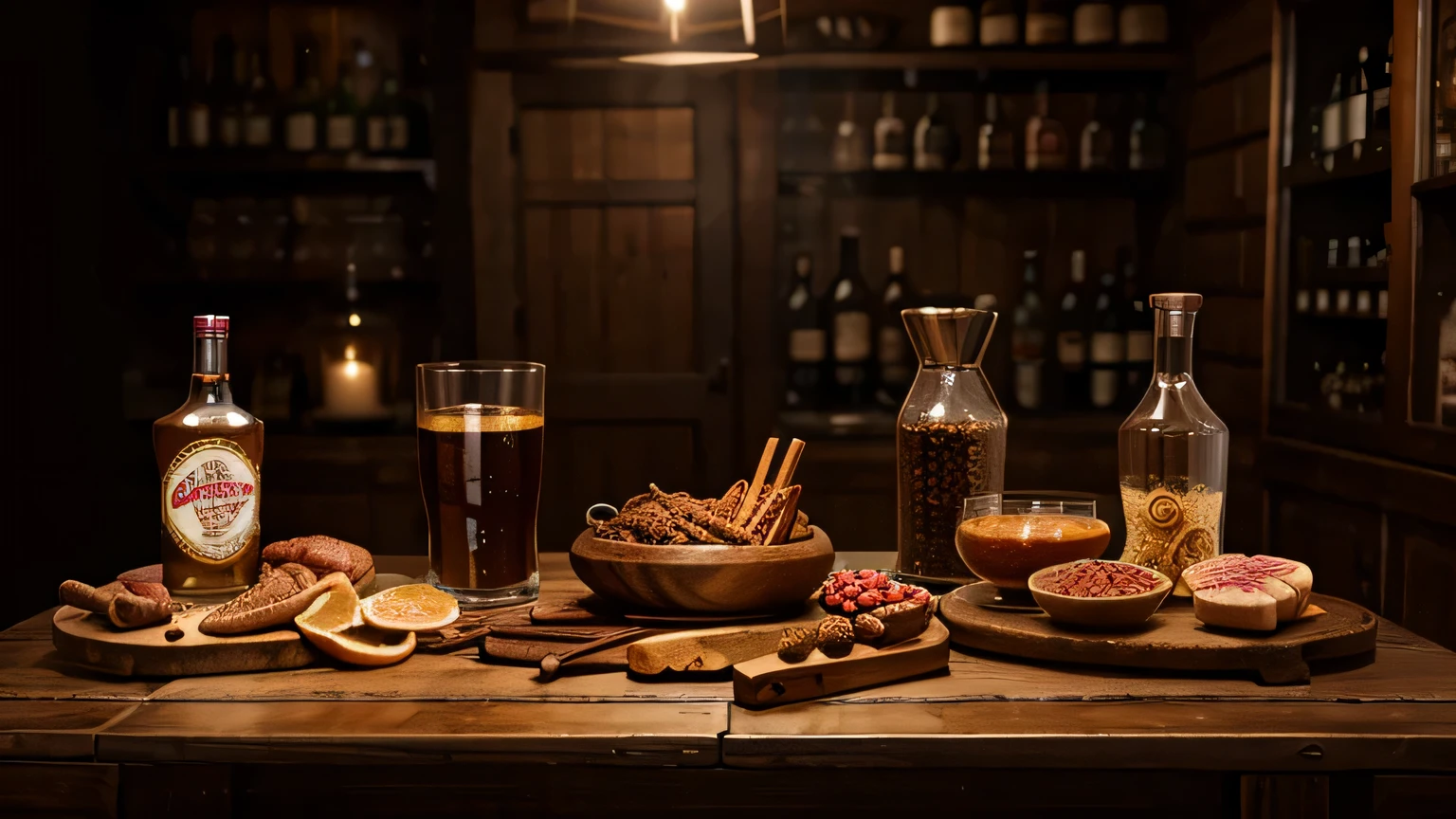 1800s, a table full of spices, meat, alcohol, and caffeine, photorealistic style